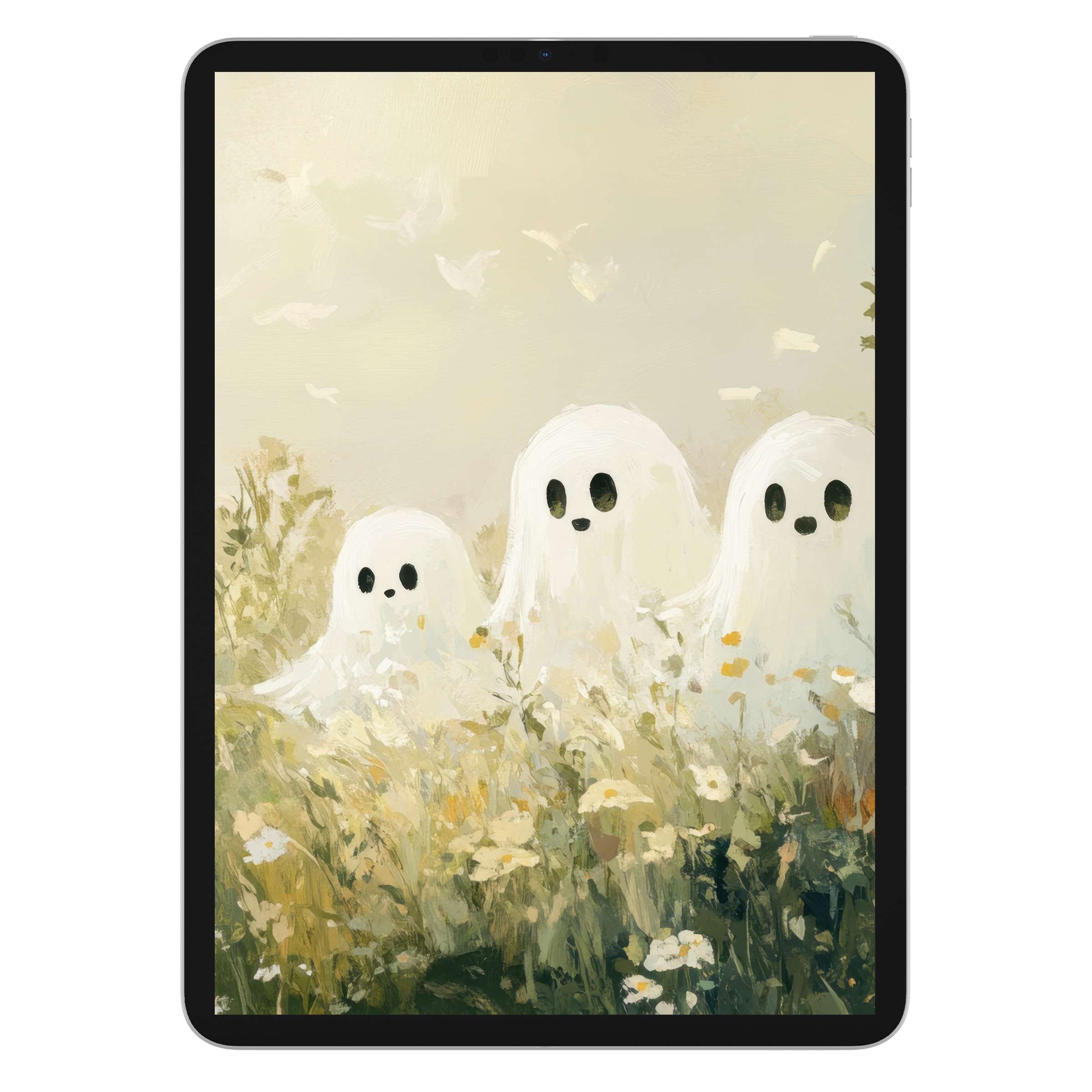 Elegant halloween iPad wallpaper showcasing serene ghostly figures in a dreamy field background perfect for tablet digital download
