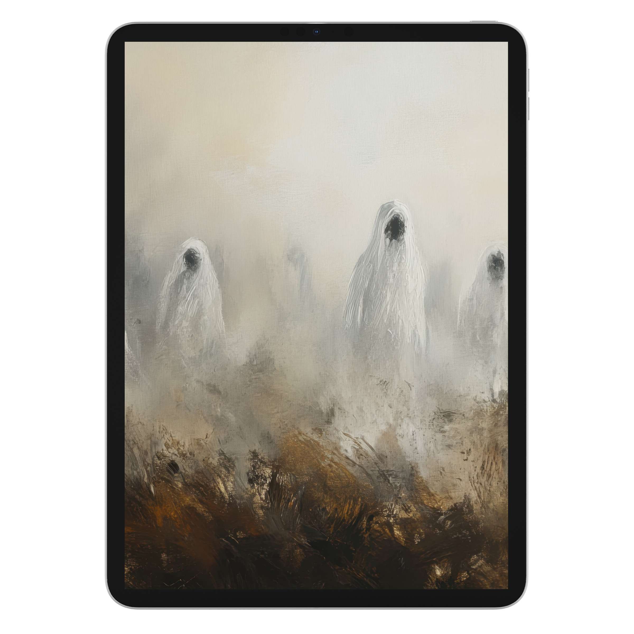 Ethereal halloween iPad wallpaper in soft, misty tones for a calming digital download background on any tablet device