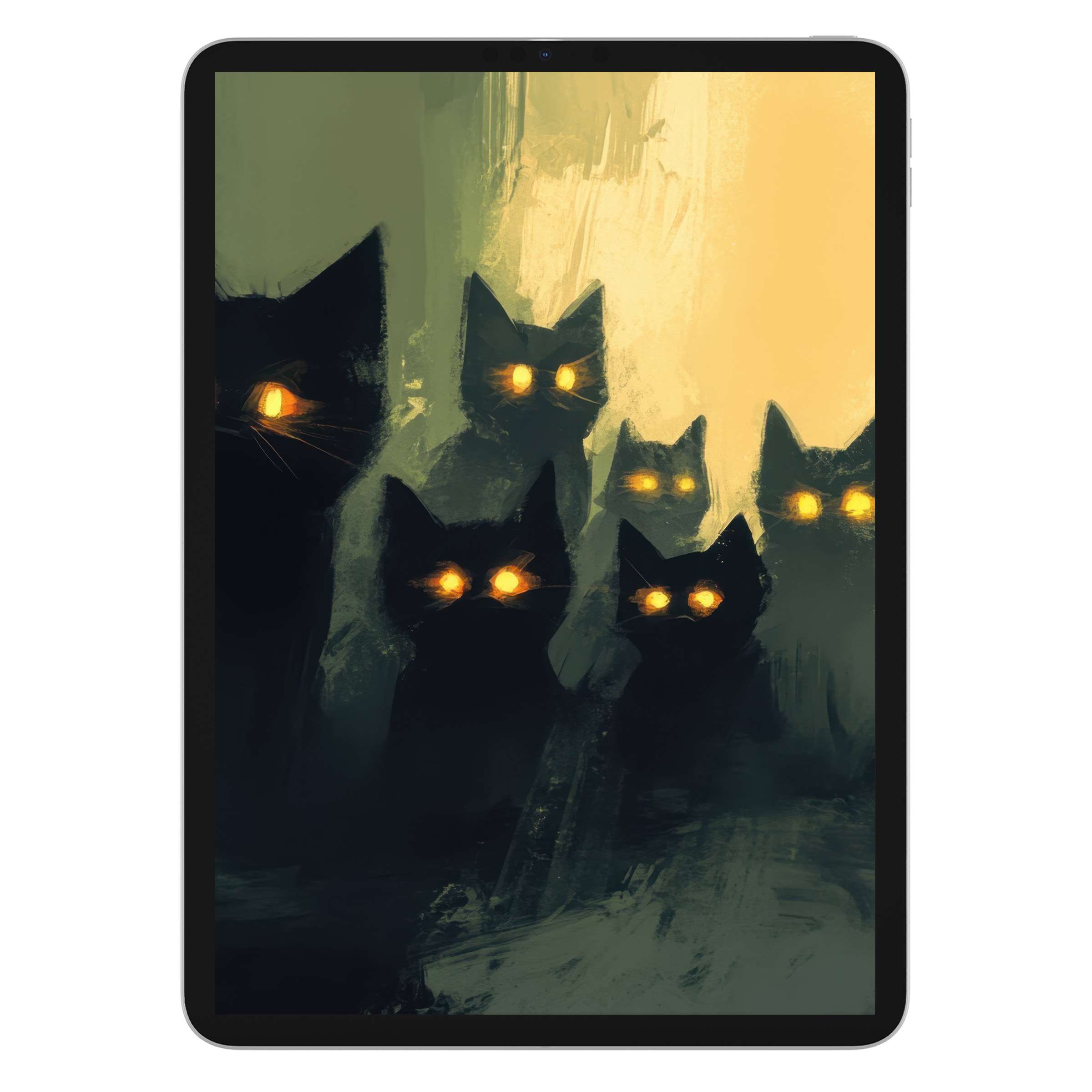 Enigmatic black cats with glowing eyes create a spooky yet elegant halloween iPad wallpaper digital download for tablet background users