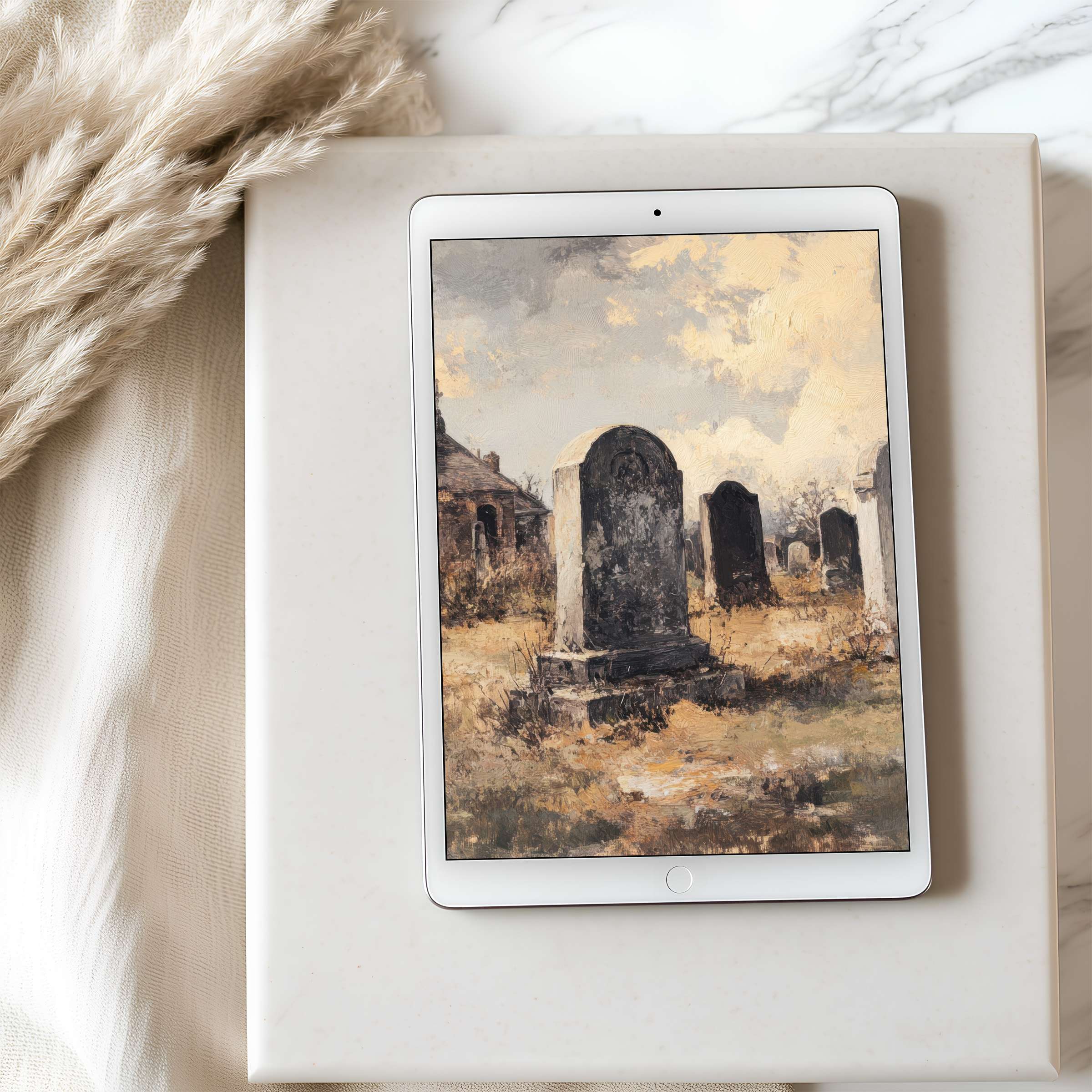 Elegant tablet wallpaper featuring a serene graveyard scene in muted tones inspires calm, perfect for high resolution digital download