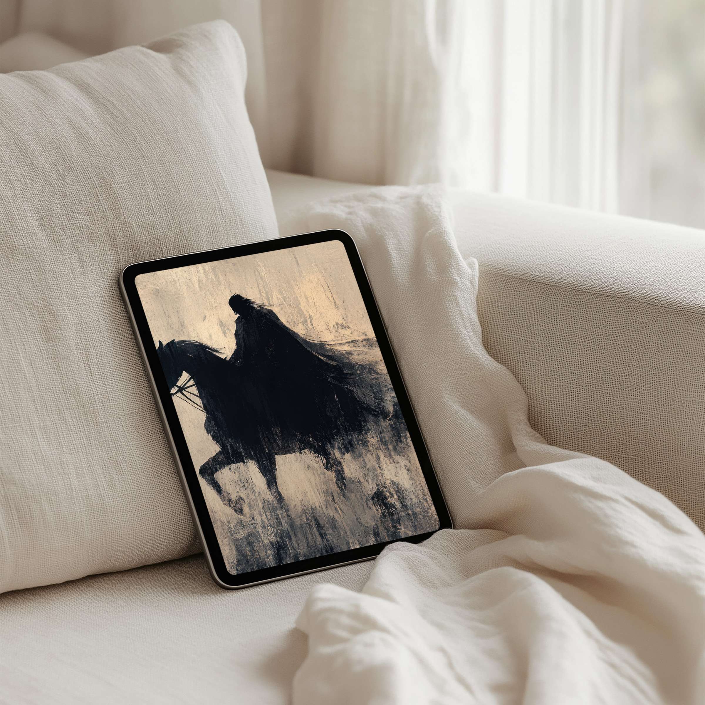 Serene, elegant iPad background featuring a dark silhouette on horseback for an instant download that fits any tablet design-conscious user desires