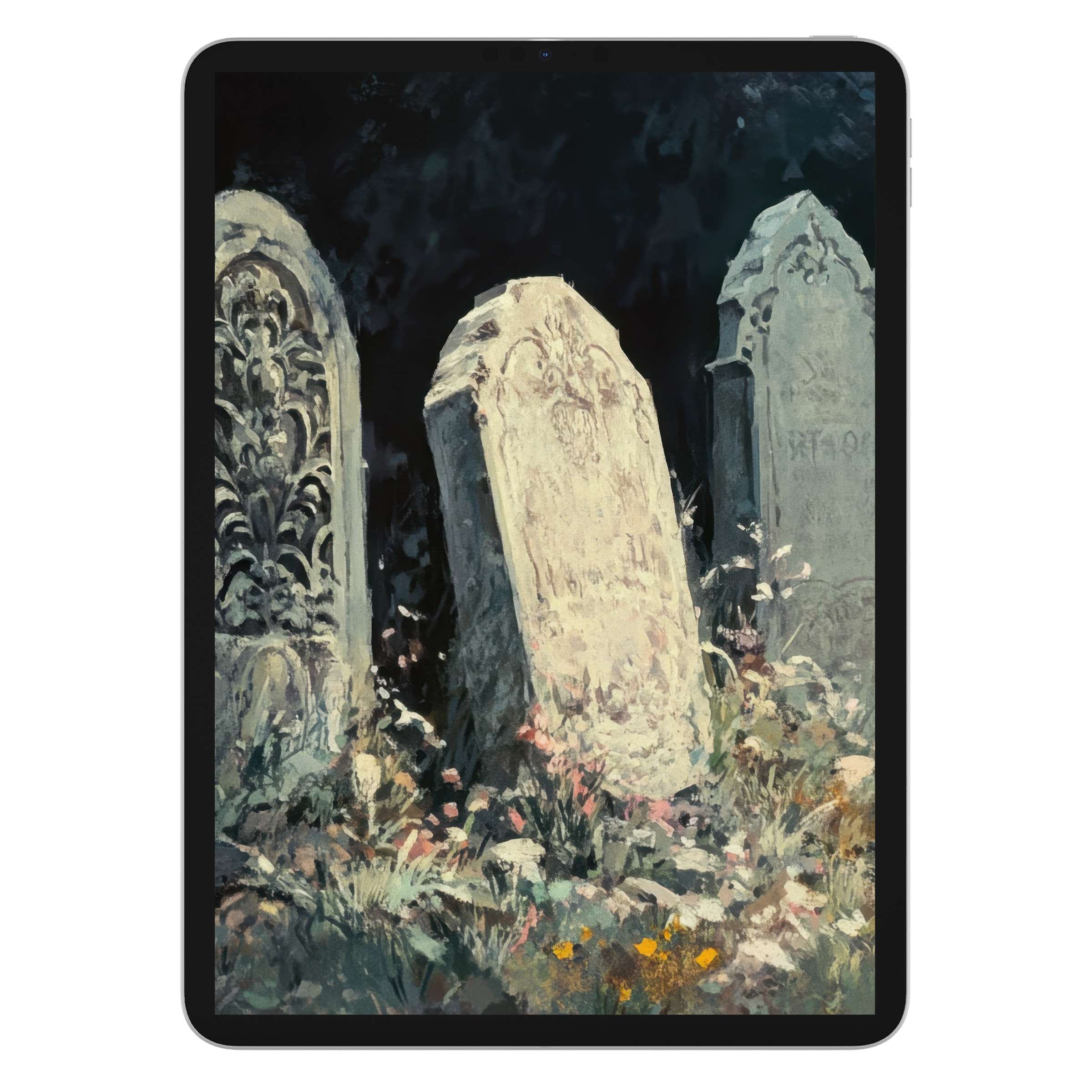 Elegant halloween iPad wallpaper with serene cemetery scene, blending dark hues with soft florals for stylish tablet background digital download