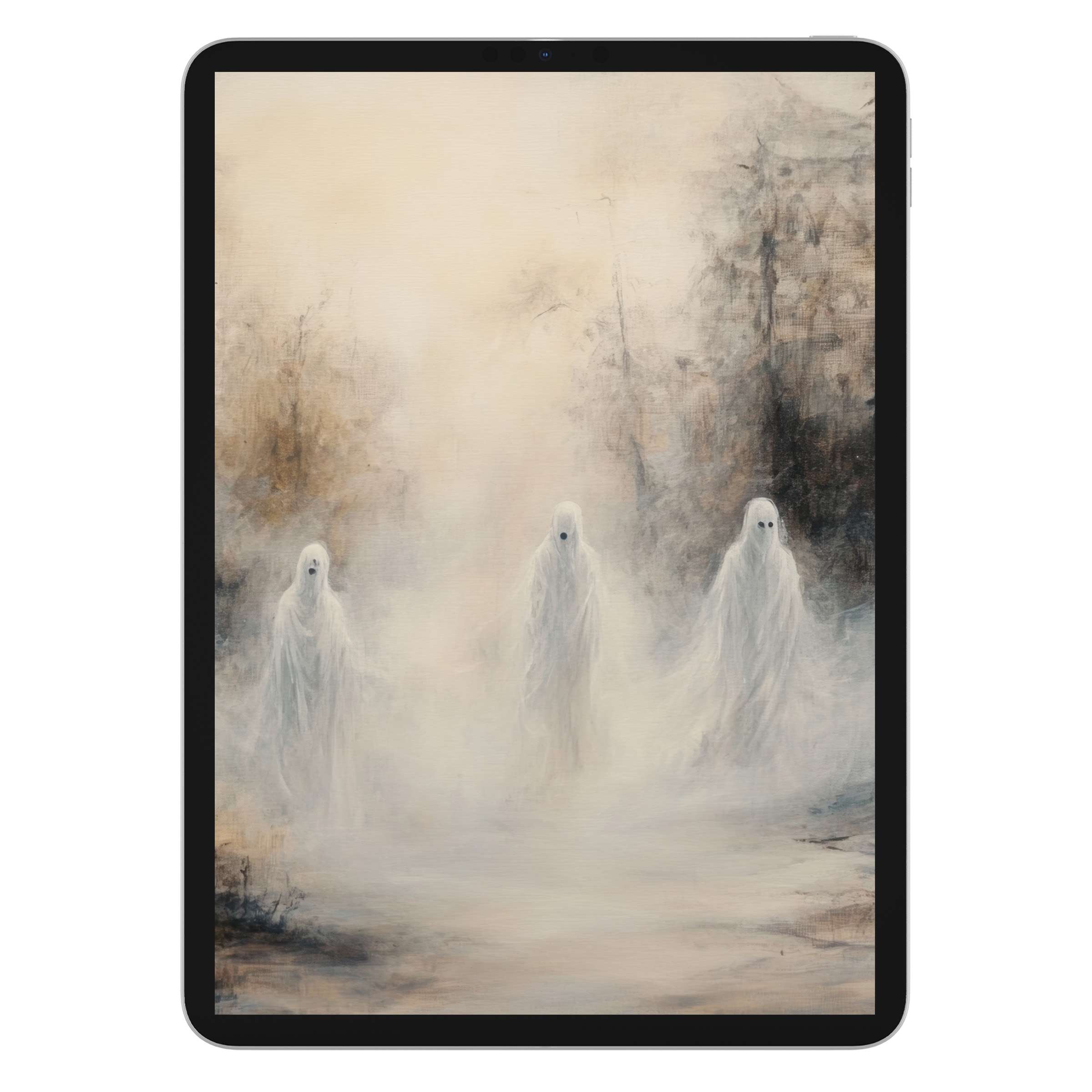 Ethereal halloween iPad wallpaper with ghostly figures in misty forest background digital download for elegant tablet screens