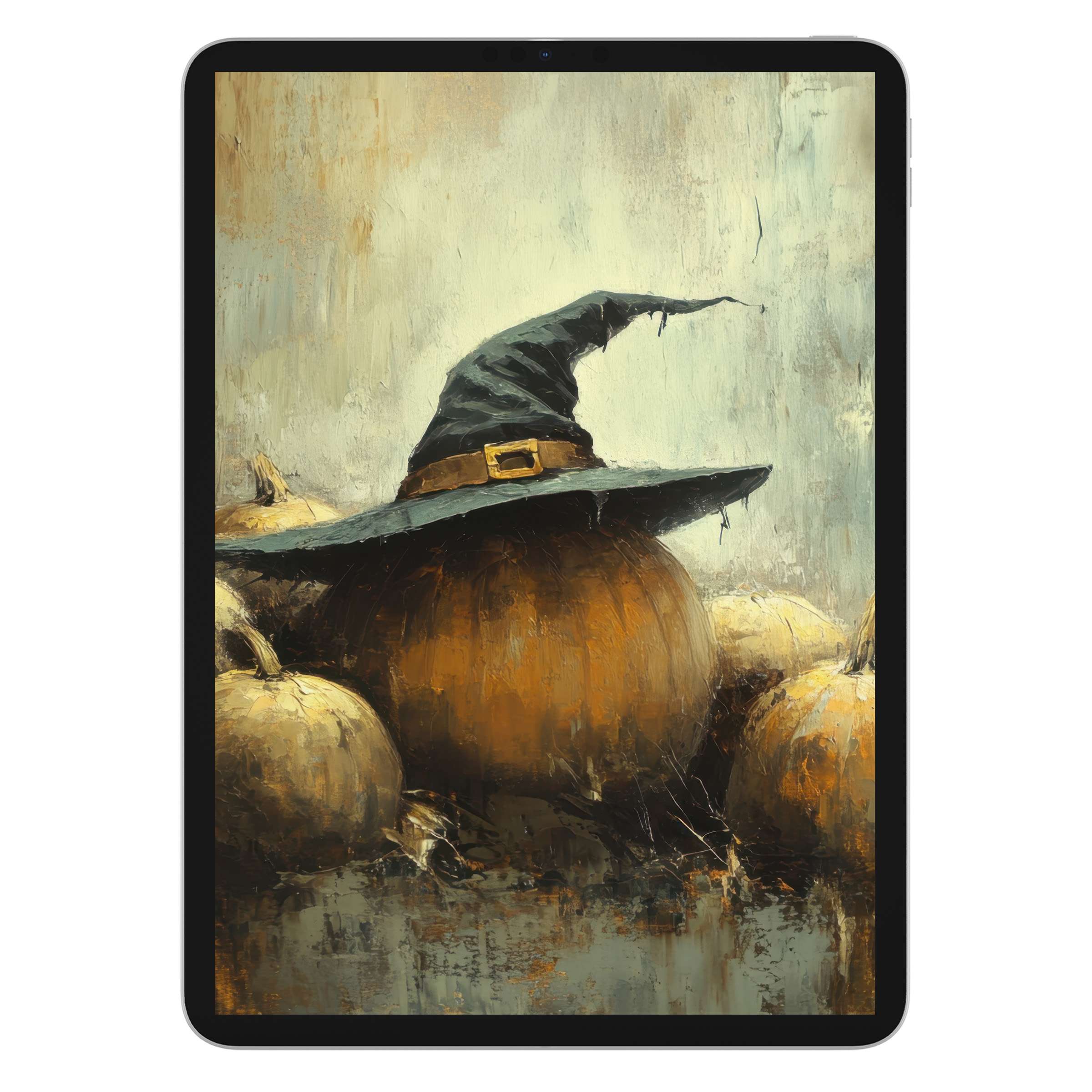 Elegant halloween iPad wallpaper featuring a rustic pumpkin and witch hat, perfect digital download for a serene tablet background