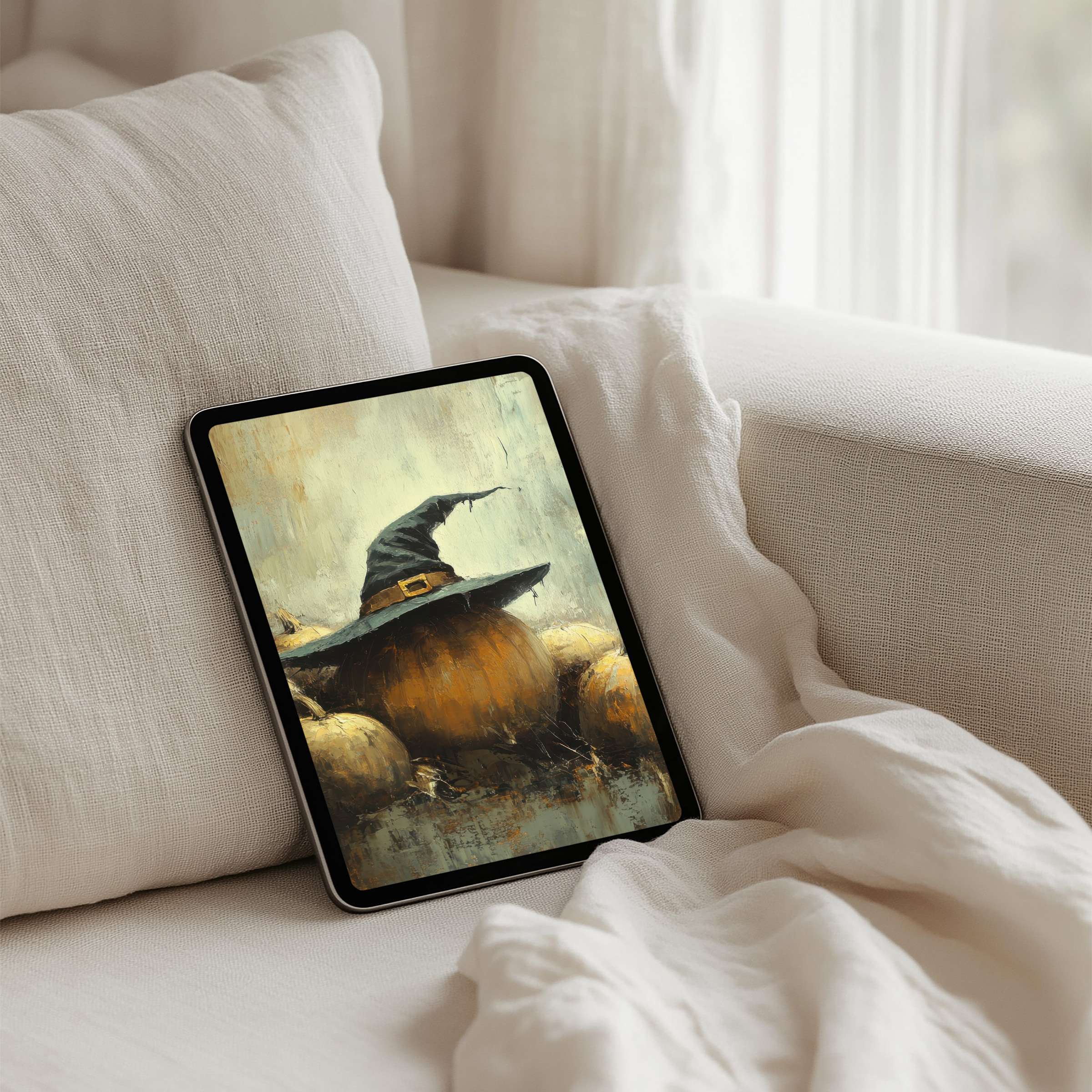 Elegant iPad background showcasing autumnal pumpkins with a witch hat, perfect for instant download on any tablet, inspiring calm and creativity