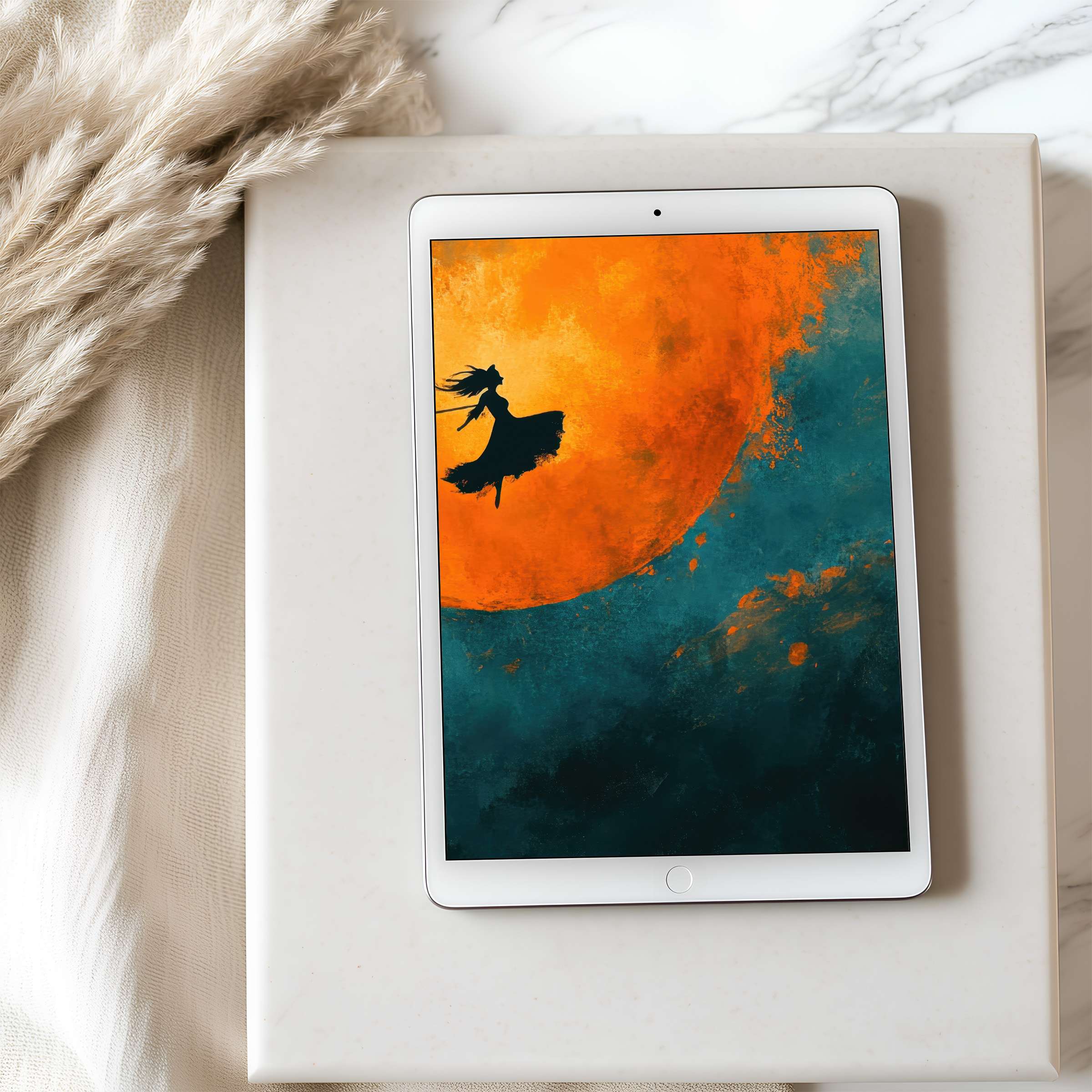 Elegant abstract art tablet wallpaper in vibrant orange and teal with a silhouette, perfect for iPad high resolution digital download