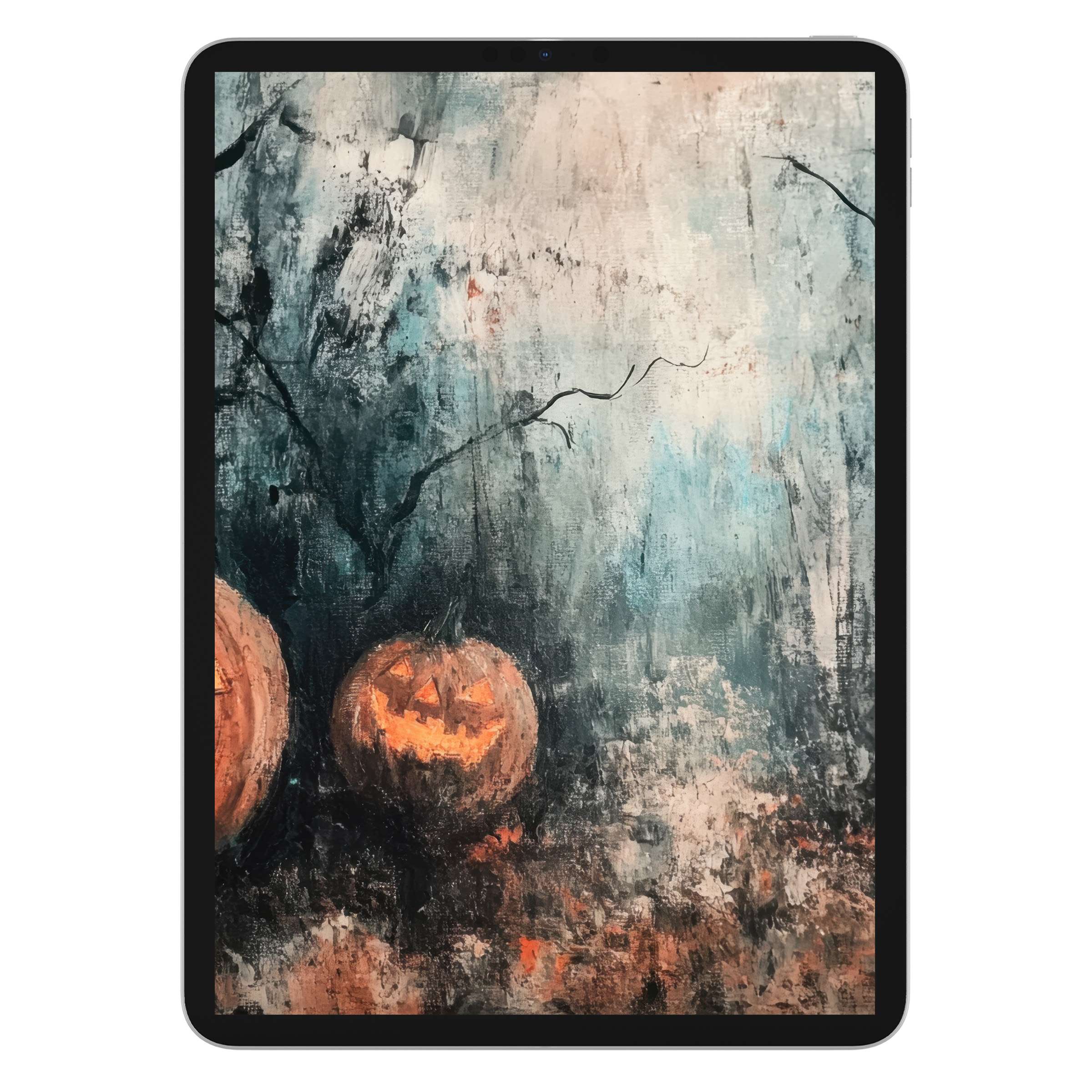 Halloween iPad wallpaper featuring eerie pumpkins on a textured background in muted blues and oranges digital download for tablet use