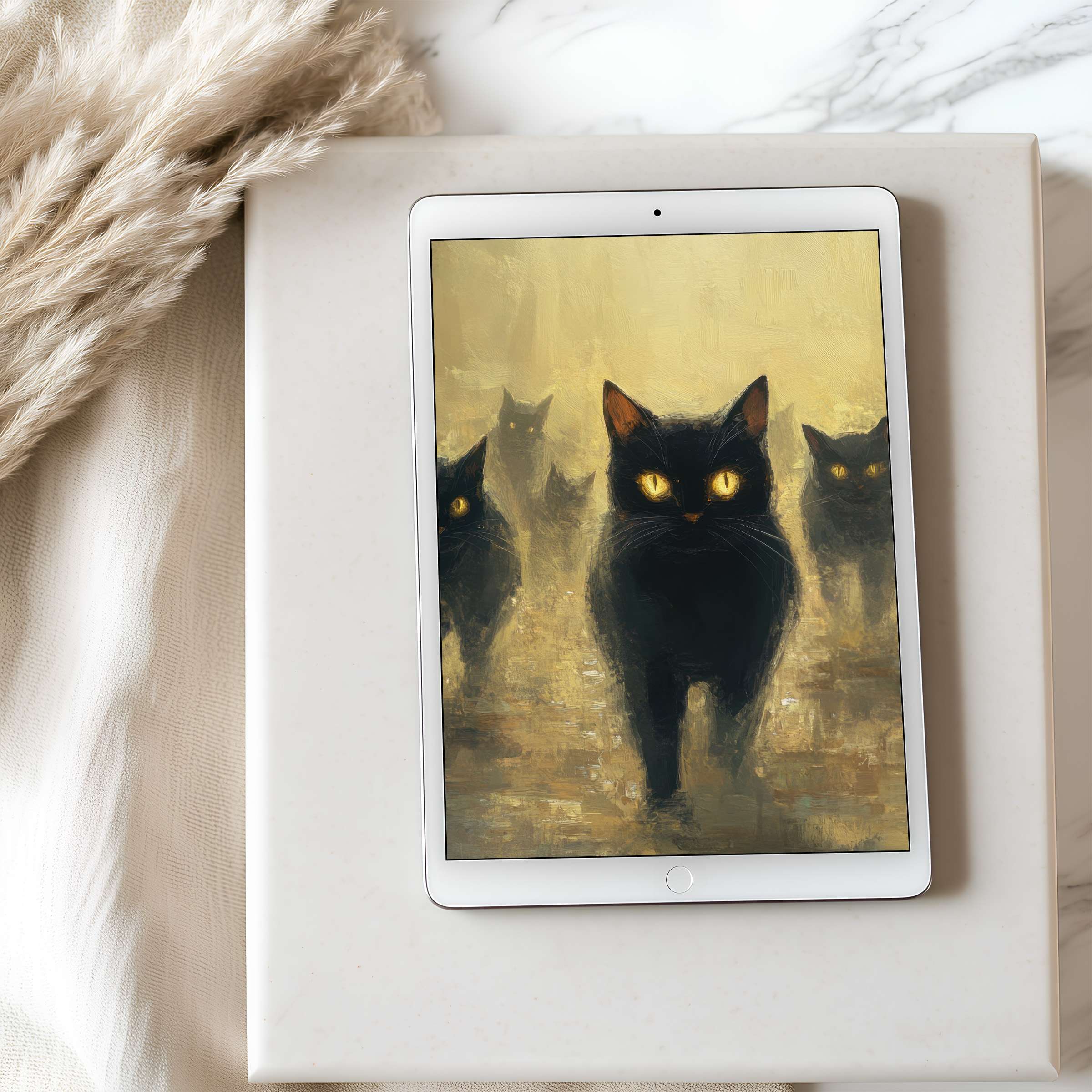 Elegant black cats with glowing eyes on a tablet wallpaper evoke calm sophistication, suitable for high resolution iPad or Android download