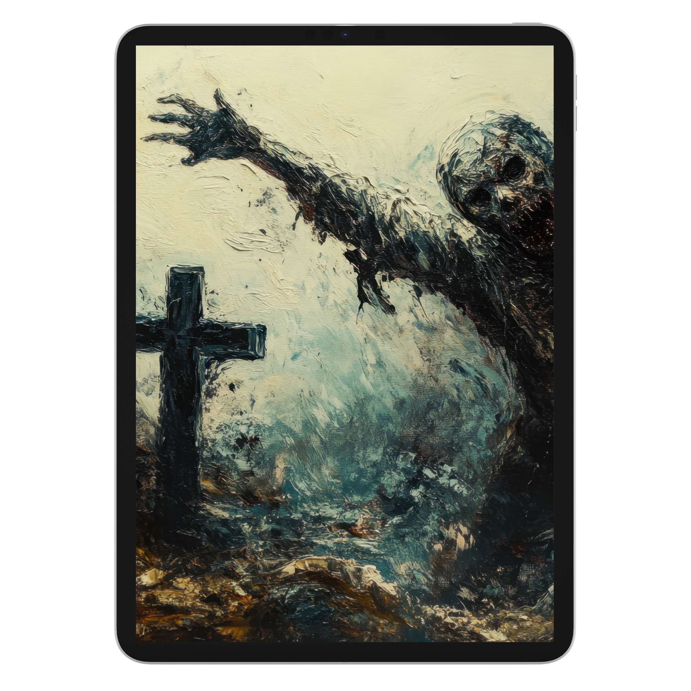 Eerie halloween iPad wallpaper featuring a haunting zombie reaching beside a grave, perfect digital download for tablet background elegance