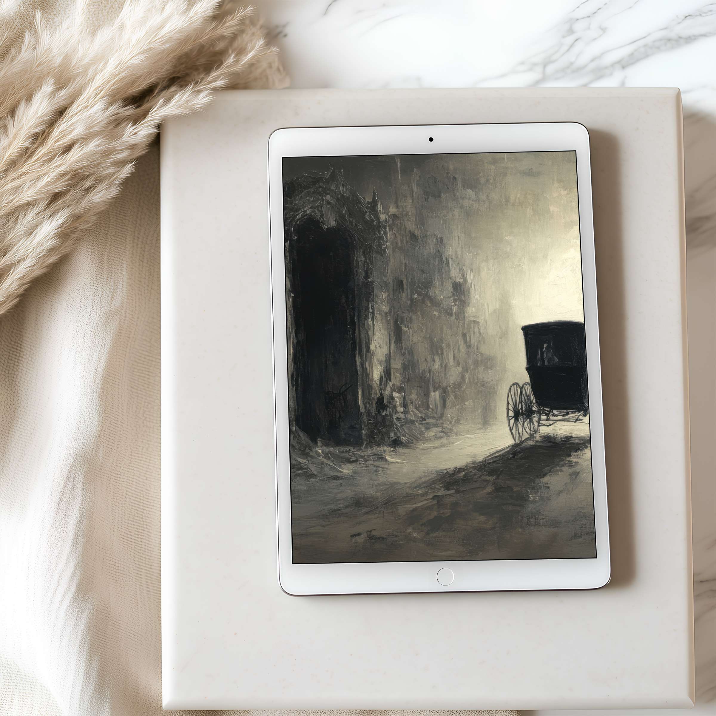 Elegant tablet wallpaper featuring a serene grayscale painting of a carriage, perfect for iPad and Android digital downloads, creating calm