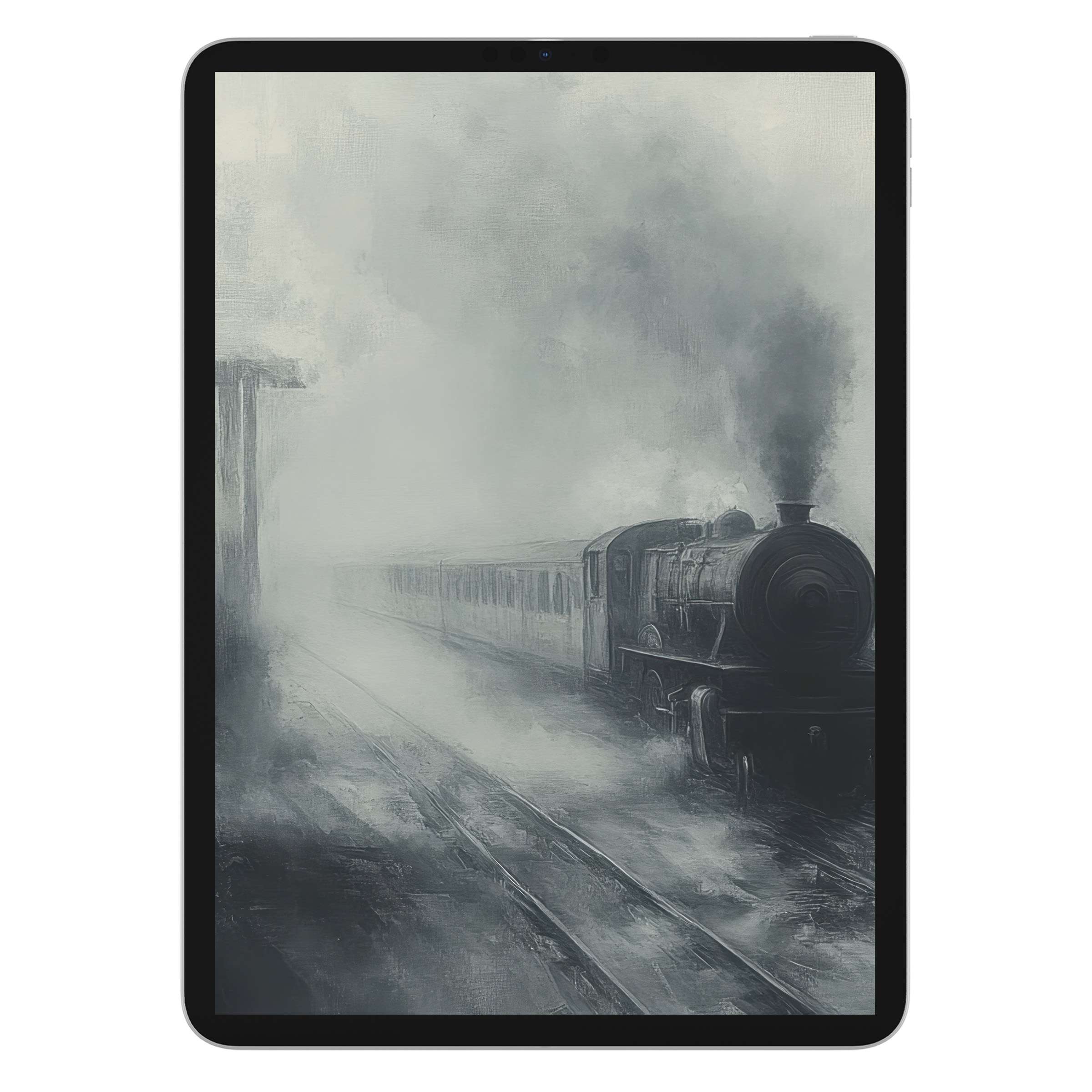 Mystical halloween iPad wallpaper features a foggy steam train in grayscale, perfect digital download for serene tablet background