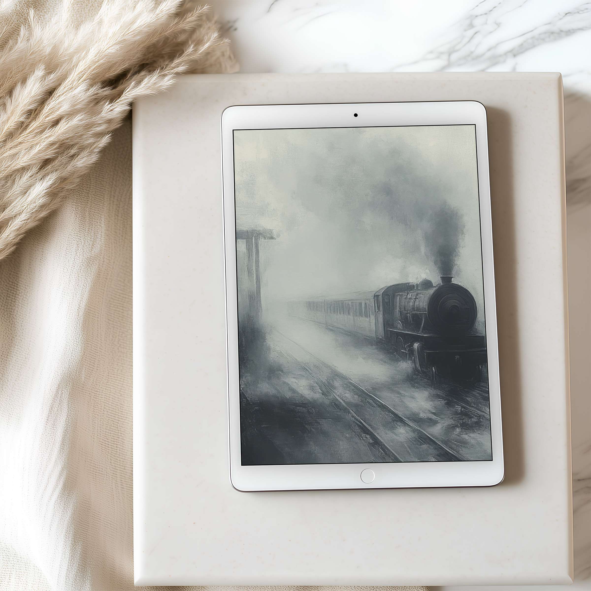 Elegant tablet wallpaper featuring a misty train in monochrome hues, perfect for iPad or Android tablets, offering serene ambiance and digital download