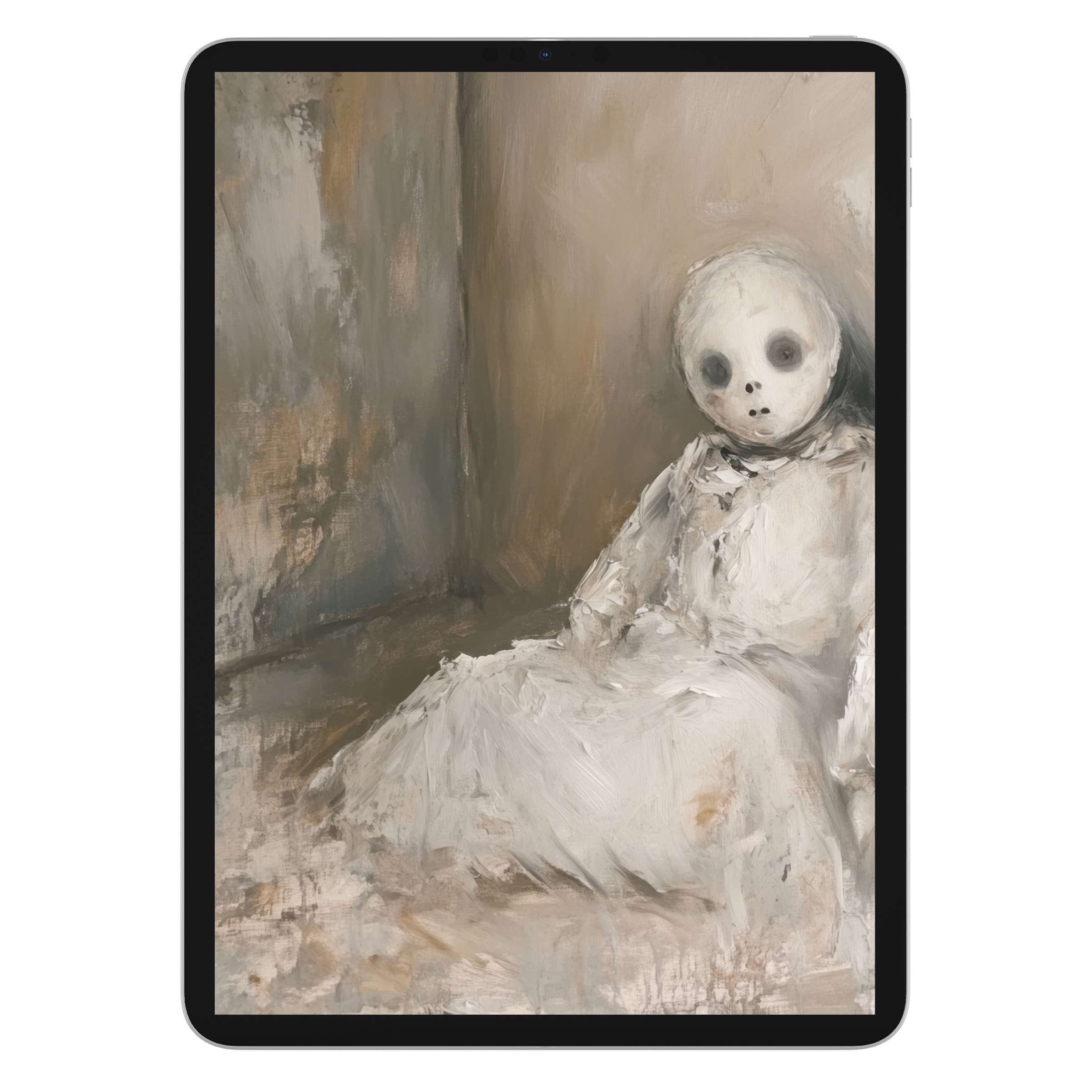 Ethereal halloween iPad wallpaper artwork featuring a ghostly figure in muted tones creating a calm yet intriguing background for tablets digital download
