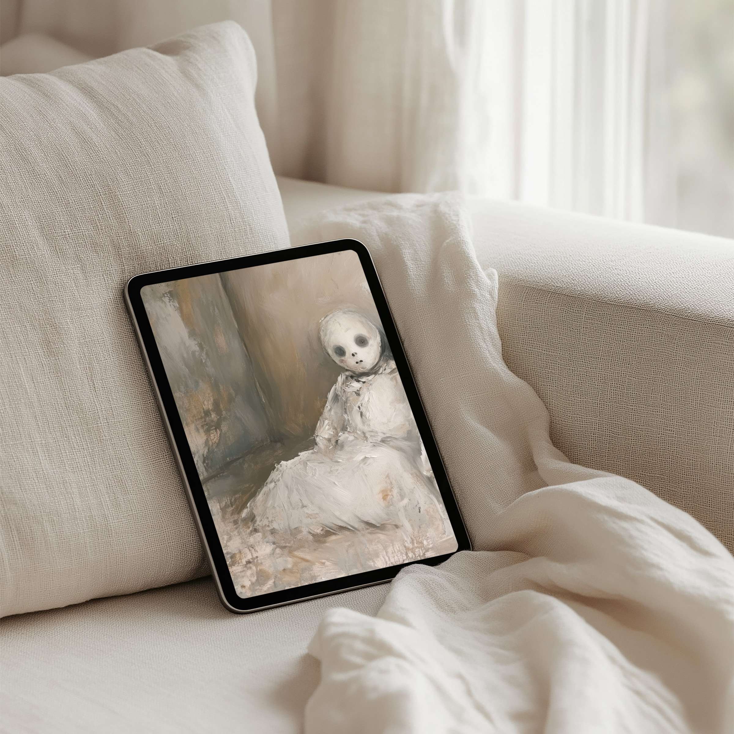 Elegant iPad background with serene art showcasing soft textures in neutral tones for instant download on any tablet device