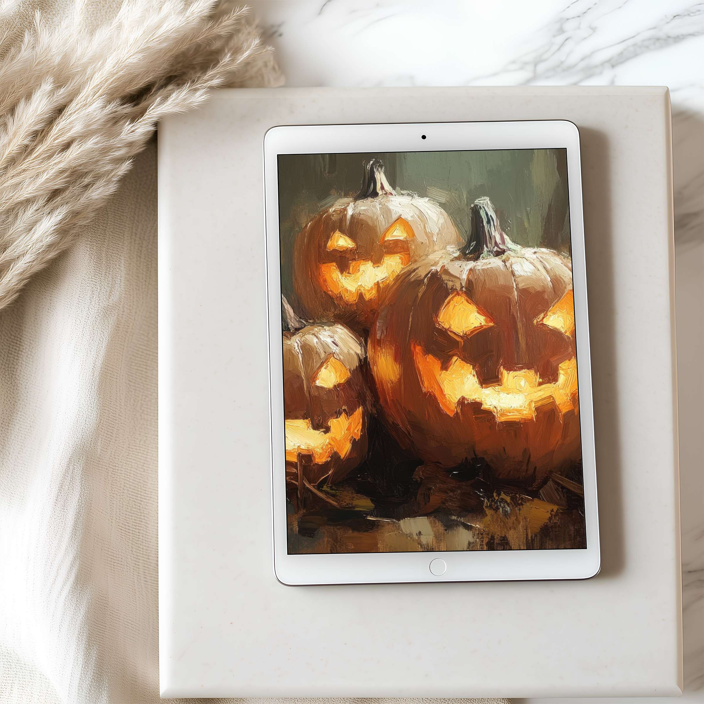 Elegant tablet wallpaper with vibrant pumpkin art, offering a curated aesthetic for iPad and Android tablets, perfect digital download