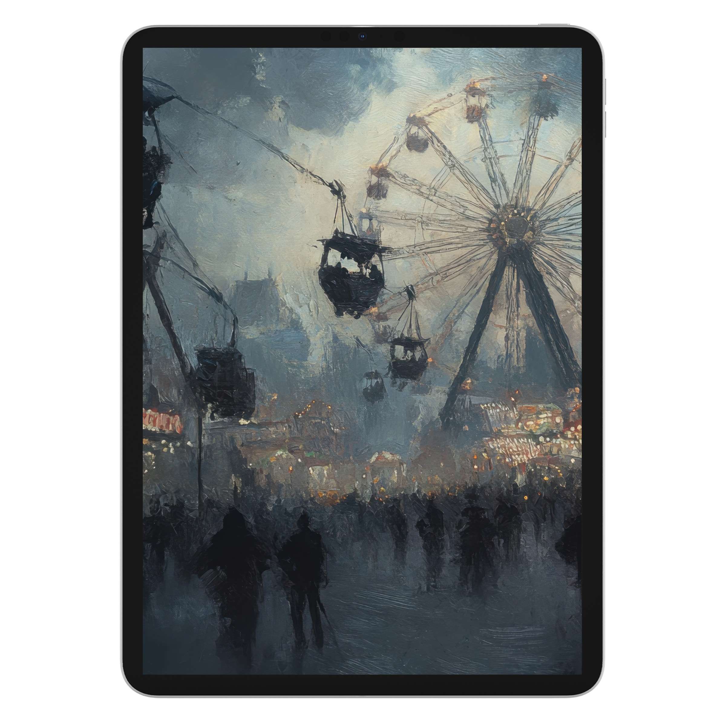 Ethereal halloween iPad wallpaper with impressionistic fairground scene, perfect digital download for an elegant tablet background