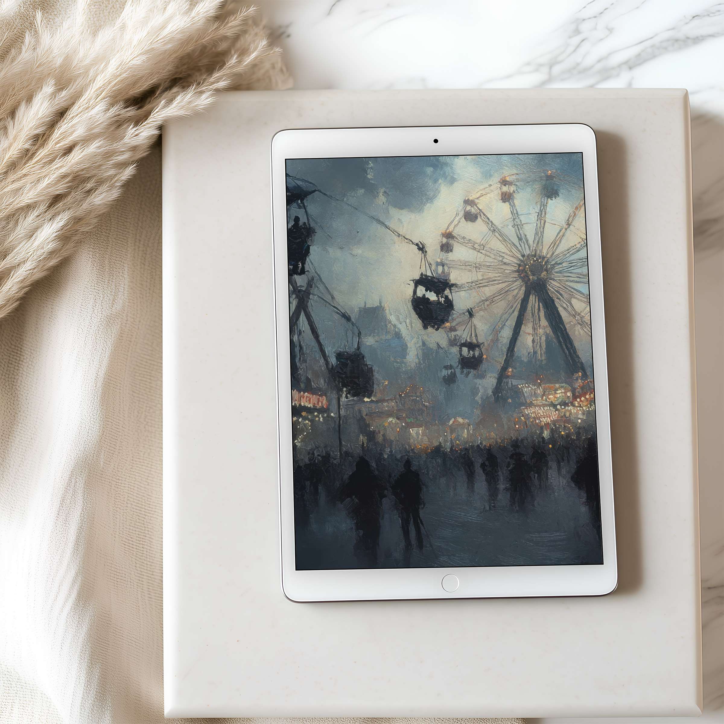 Elegant tablet wallpaper featuring a dreamy carnival scene in soft, muted tones, perfect for iPad and Android high resolution display