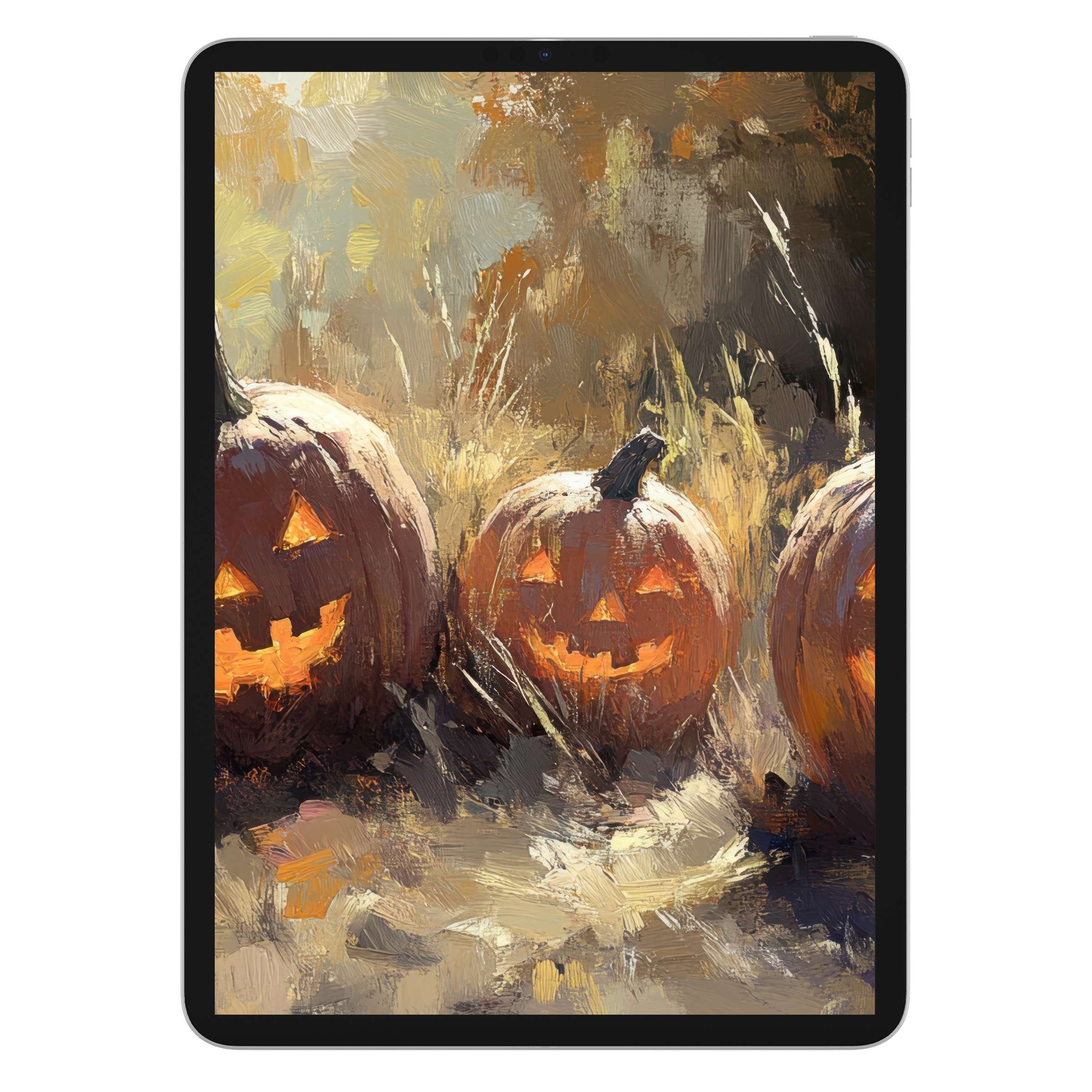 Elegant halloween iPad wallpaper depicting rustic pumpkins in an impressionist style, perfect digital download for serene tablet backgrounds