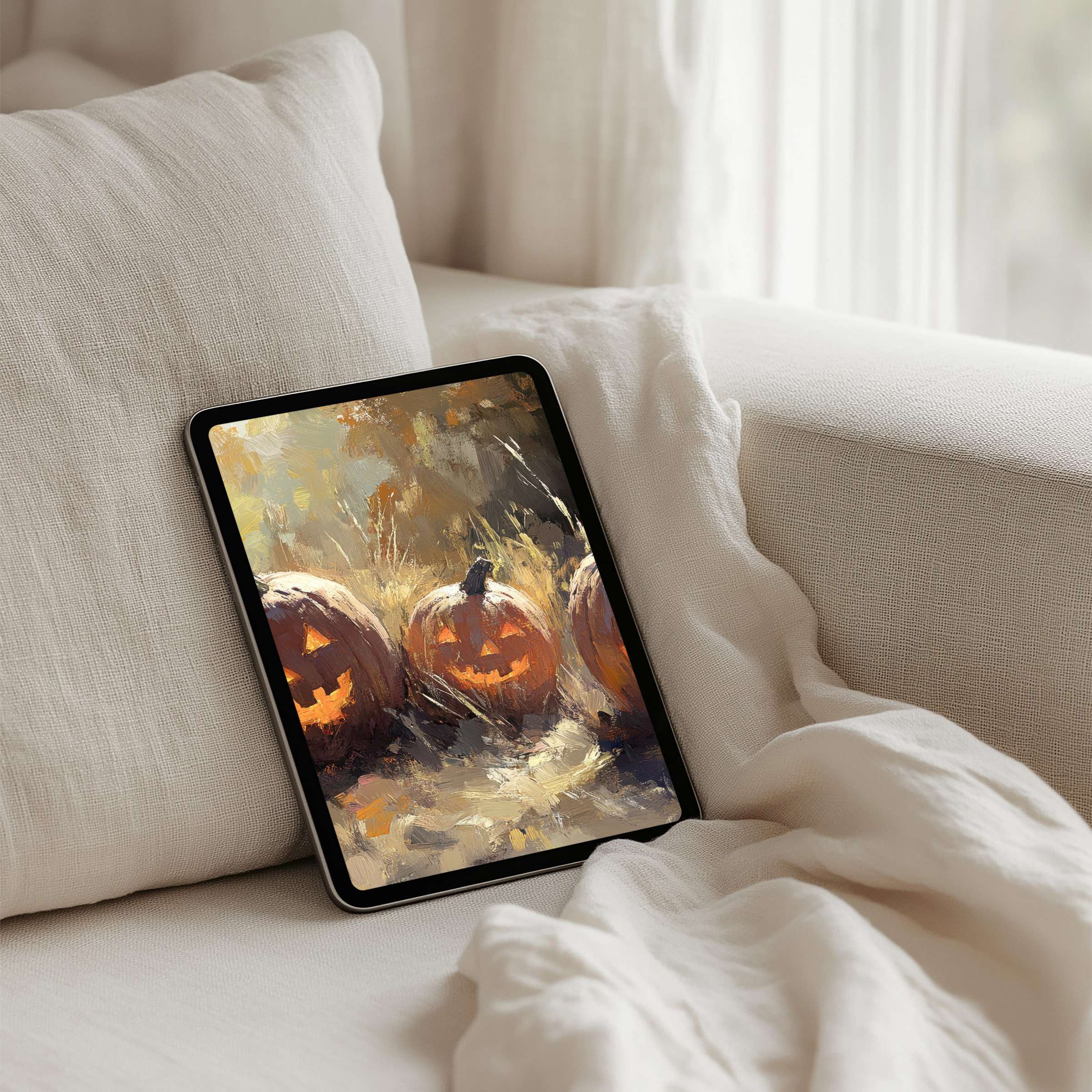 Elegant painted pumpkins on iPad background evoke calm and inspiration for mindful moments instant download for all tablets