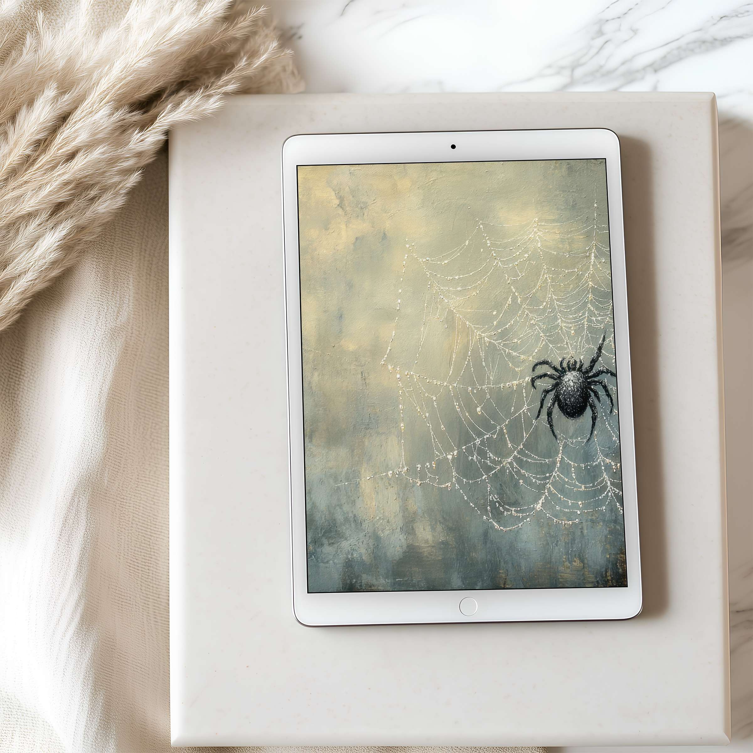 Elegant tablet wallpaper featuring a spider and dewdrop-filled web in soft, calming hues perfect for iPad high-resolution displays