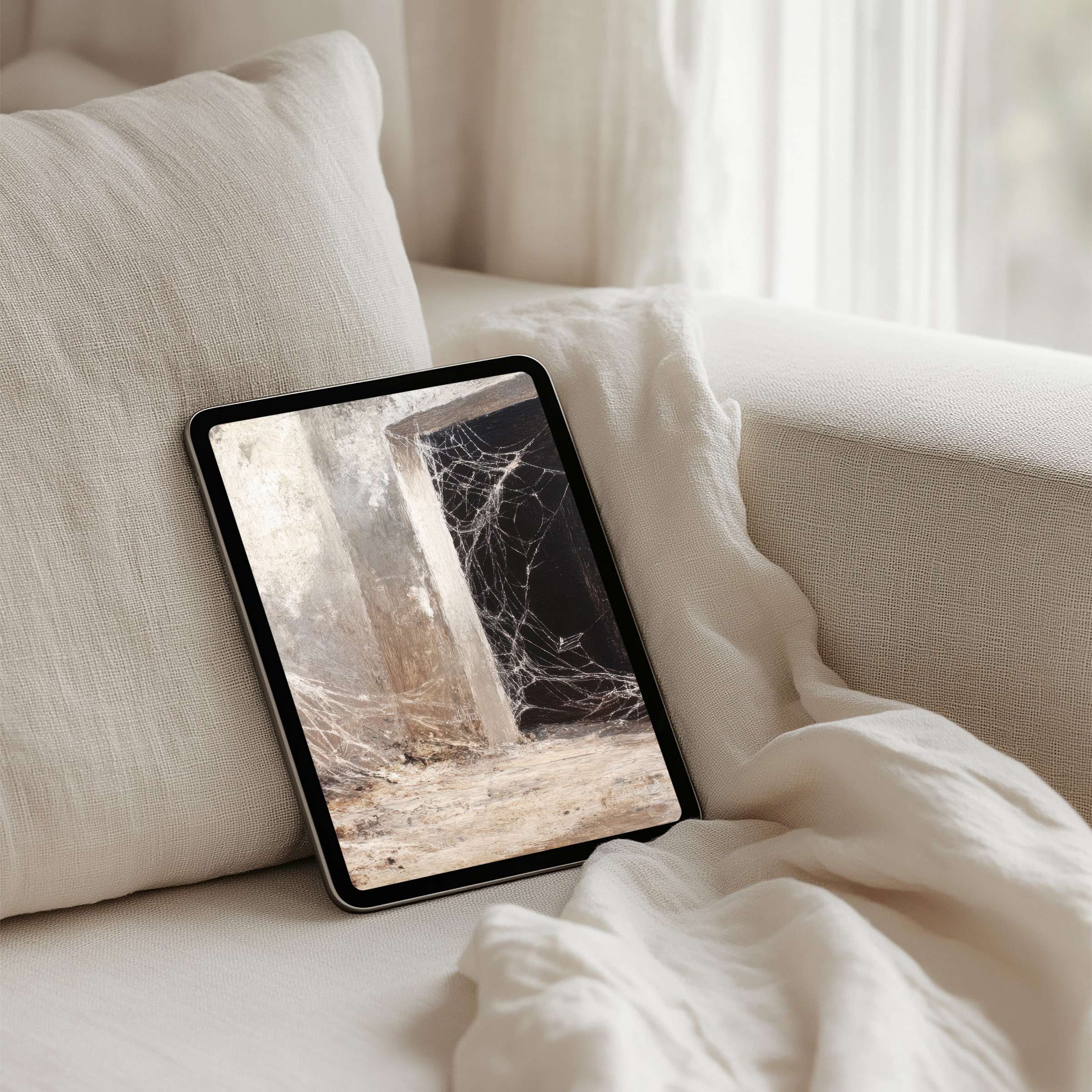Calm cobweb iPad background on cozy sofa enhances elegance and mindfulness in any tablet instant download for serene inspiration