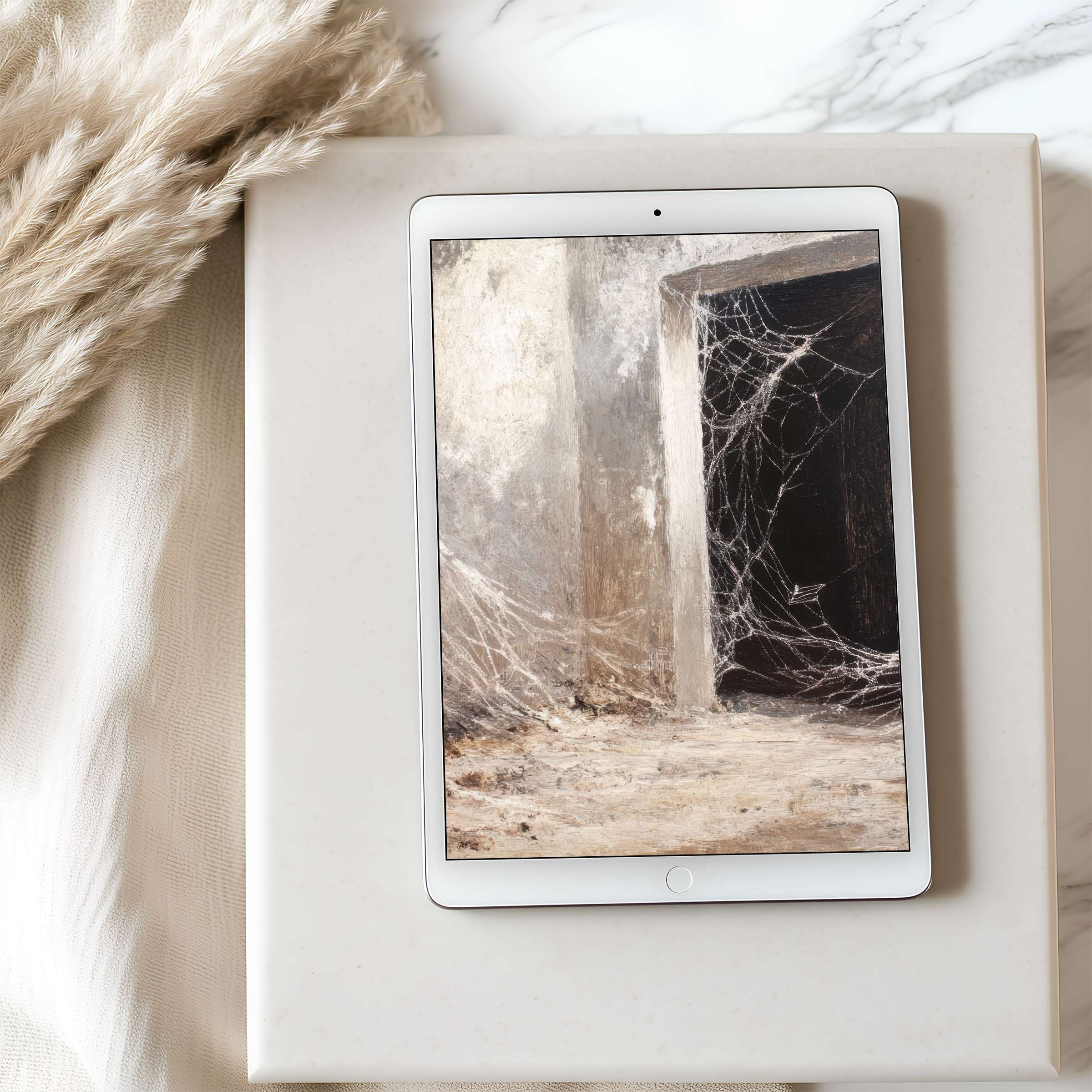 Elegant tablet wallpaper featuring an ethereal spiderweb design in soft neutrals, perfect for iPad and Android, high resolution download