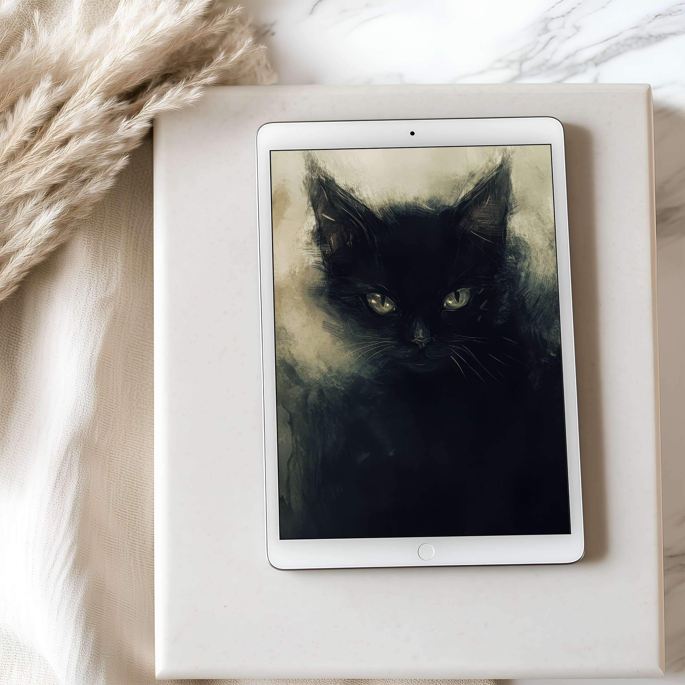 Elegant black cat art for tablet wallpaper brings calm and style to your iPad or Android tablet, available for digital download