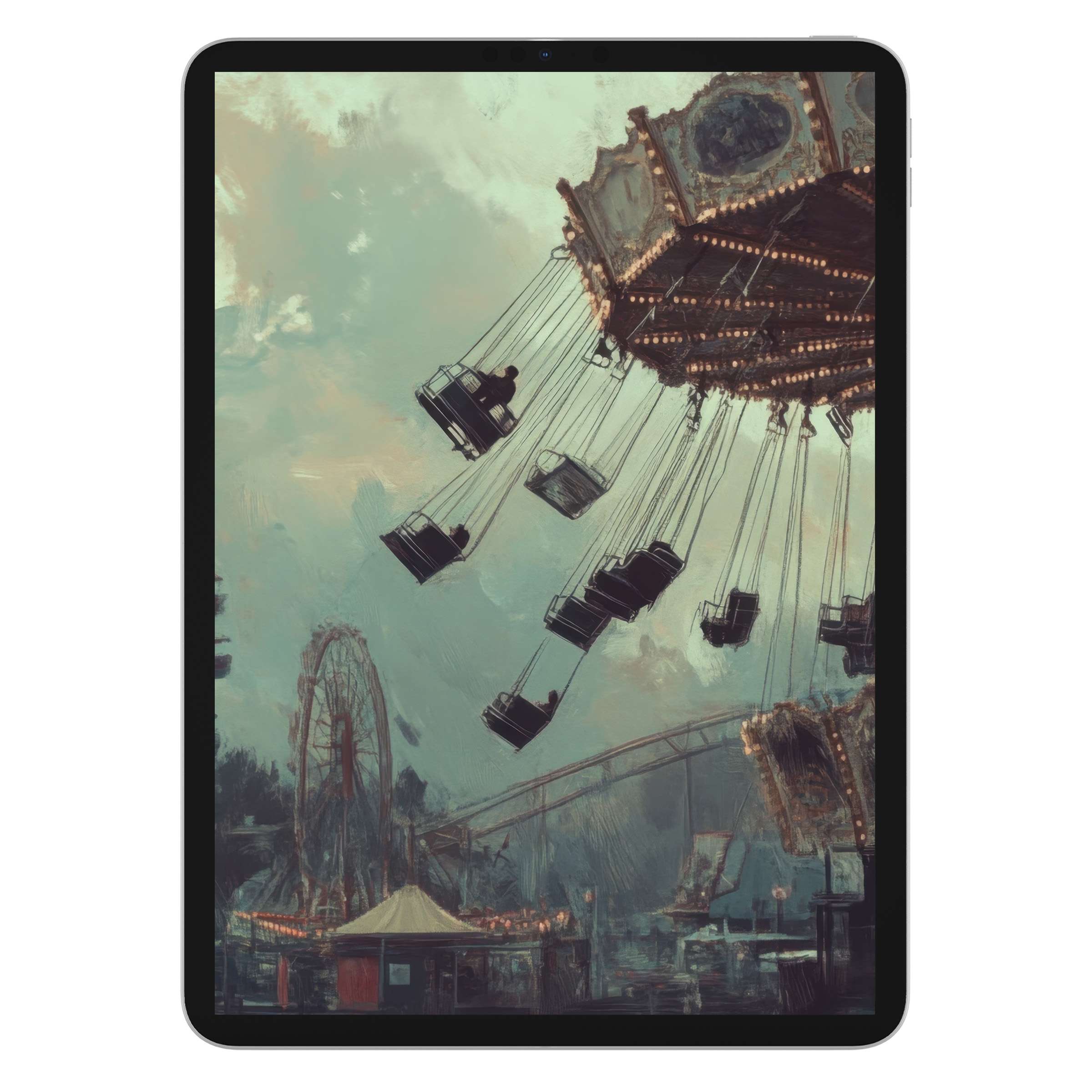 Ethereal halloween iPad wallpaper with carousel and ferris wheel, offering a soothing digital download background for tablets