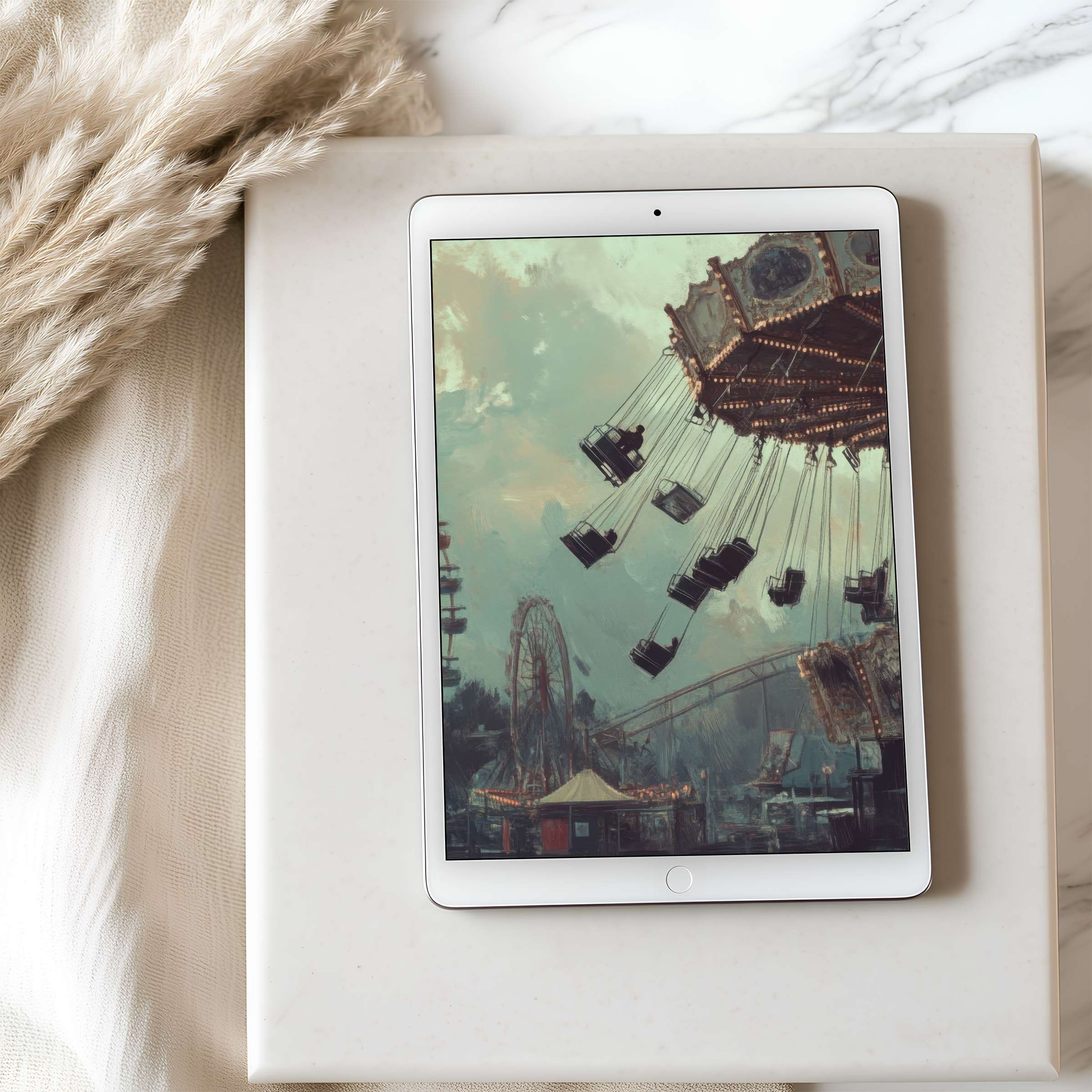Elegant tablet wallpaper featuring a nostalgic fairground scene in soft hues suitable for high-resolution iPad digital download use