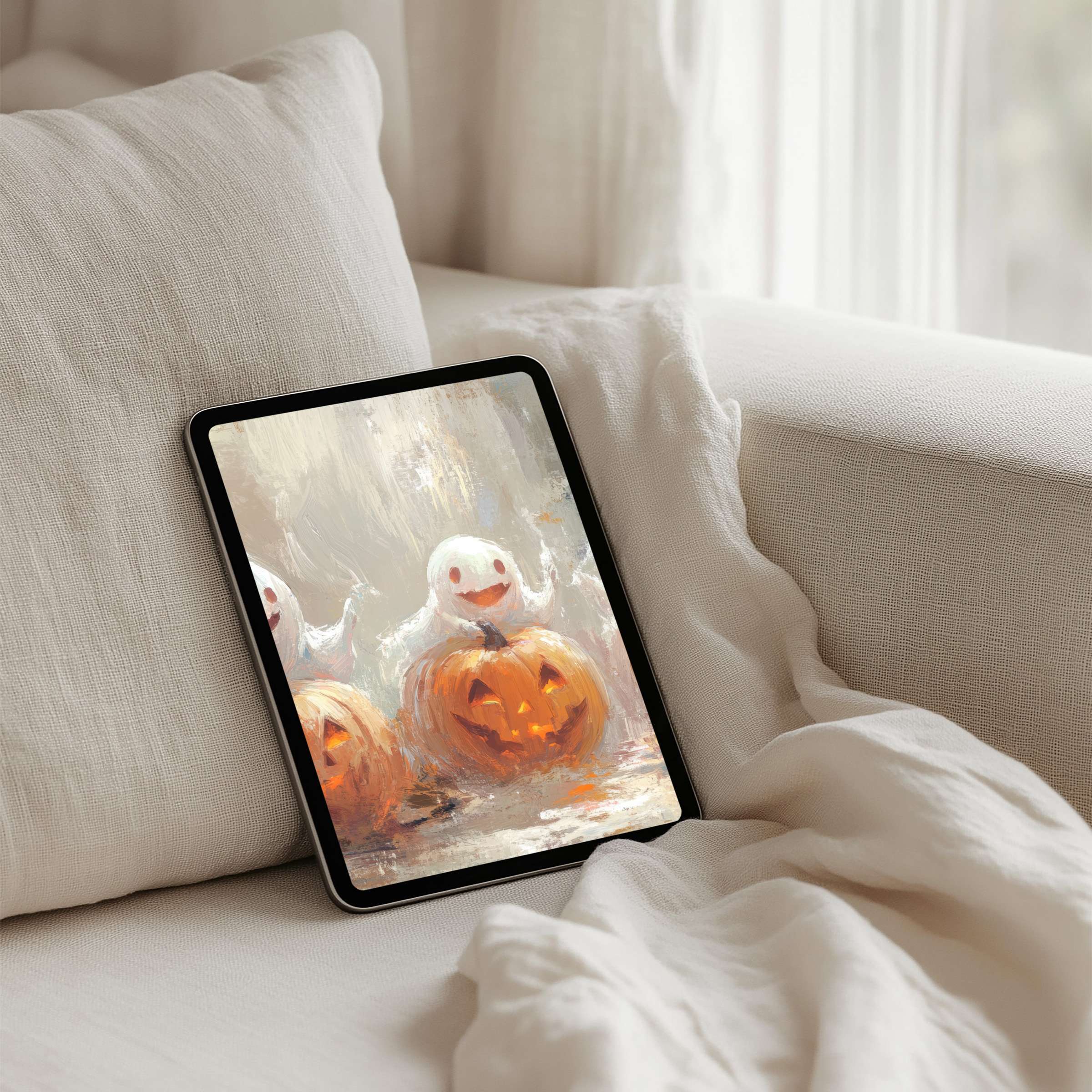 Elegant iPad background featuring whimsical pumpkins and ghosts offers instant download for calming tablet ambiance and inspiration