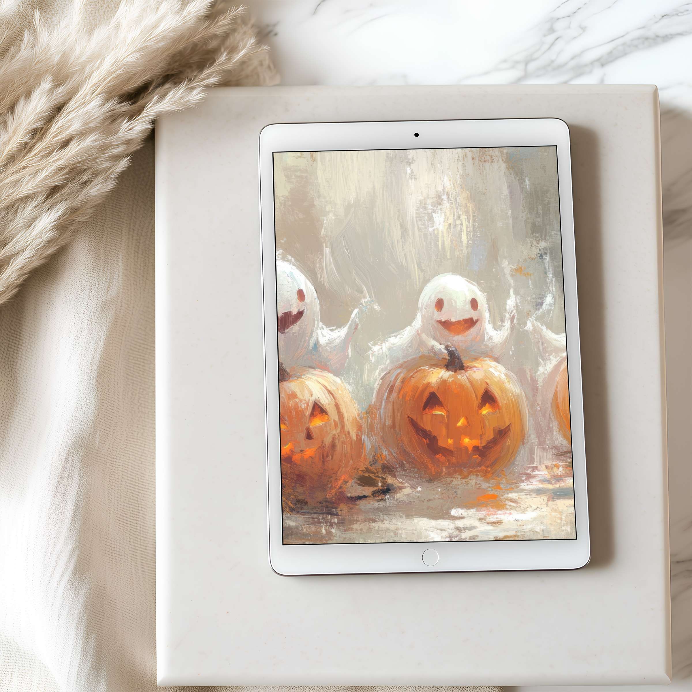 Ghostly charm meets elegance in this curated tablet wallpaper, perfect for high-resolution iPad and Android serenity with digital download