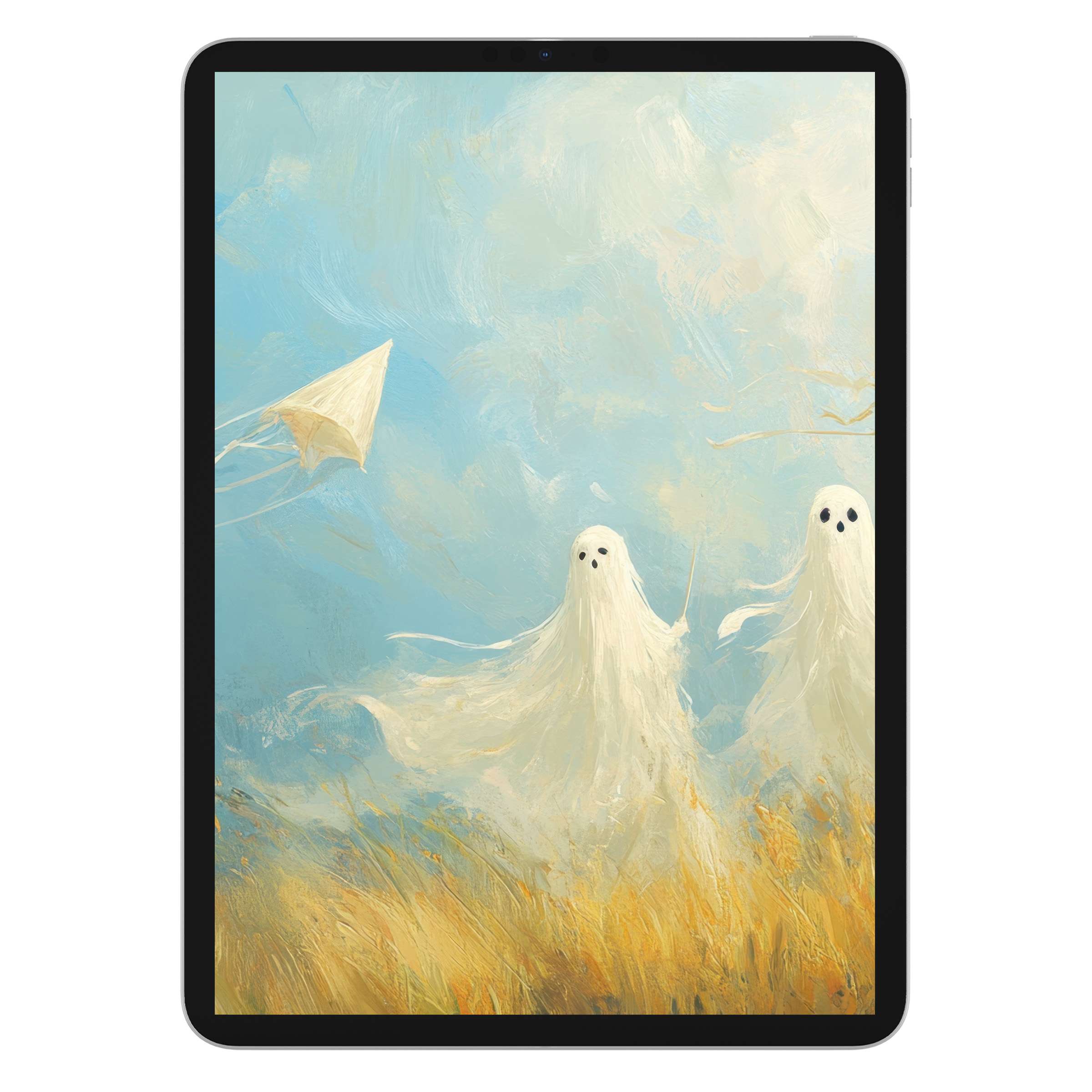 Ethereal halloween iPad wallpaper for tablet background with ghostly figures and whimsical kites in serene pastel skies digital download