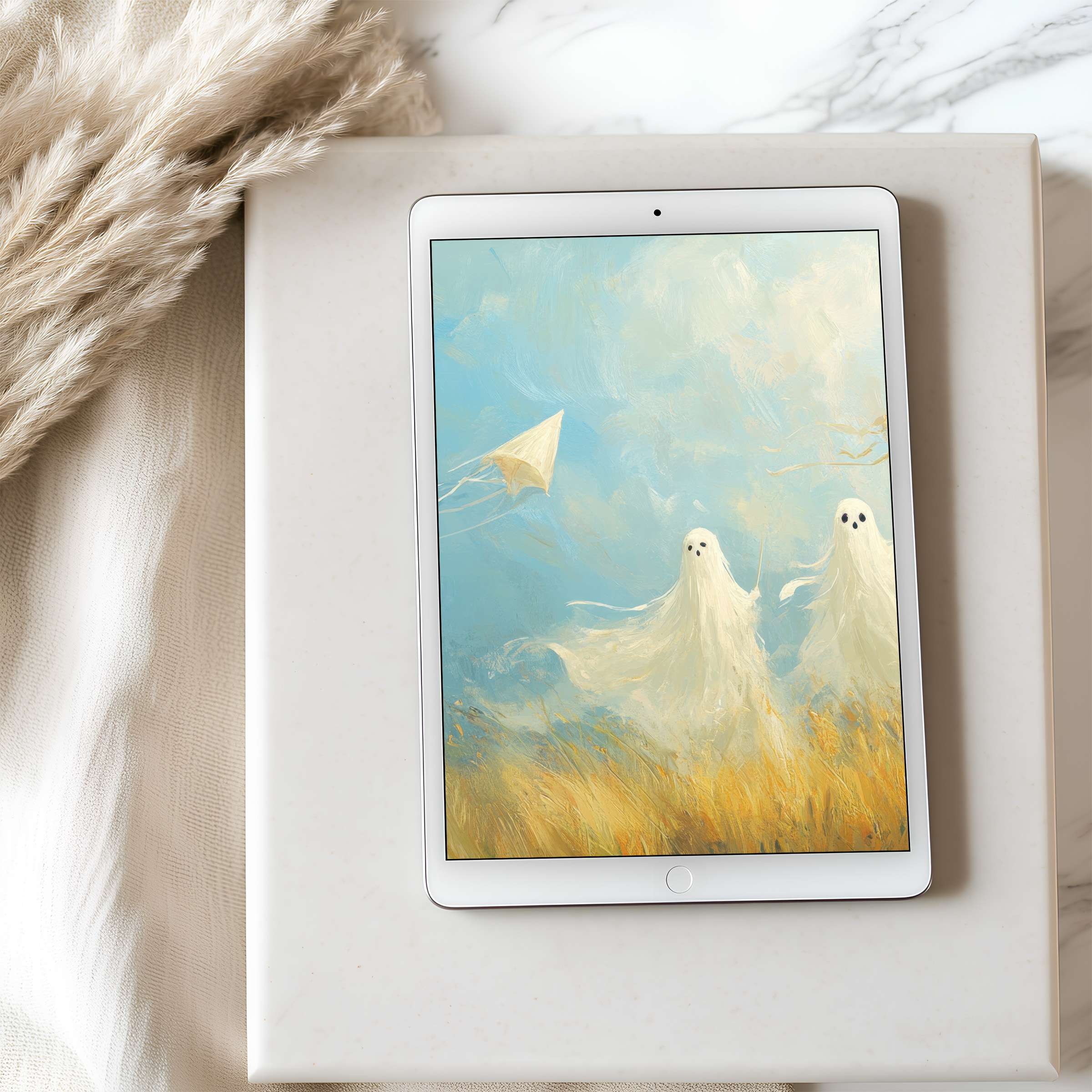 Elegant ghostly figures in a peaceful field motif on high-resolution tablet wallpaper perfect for iPad or Android digital download