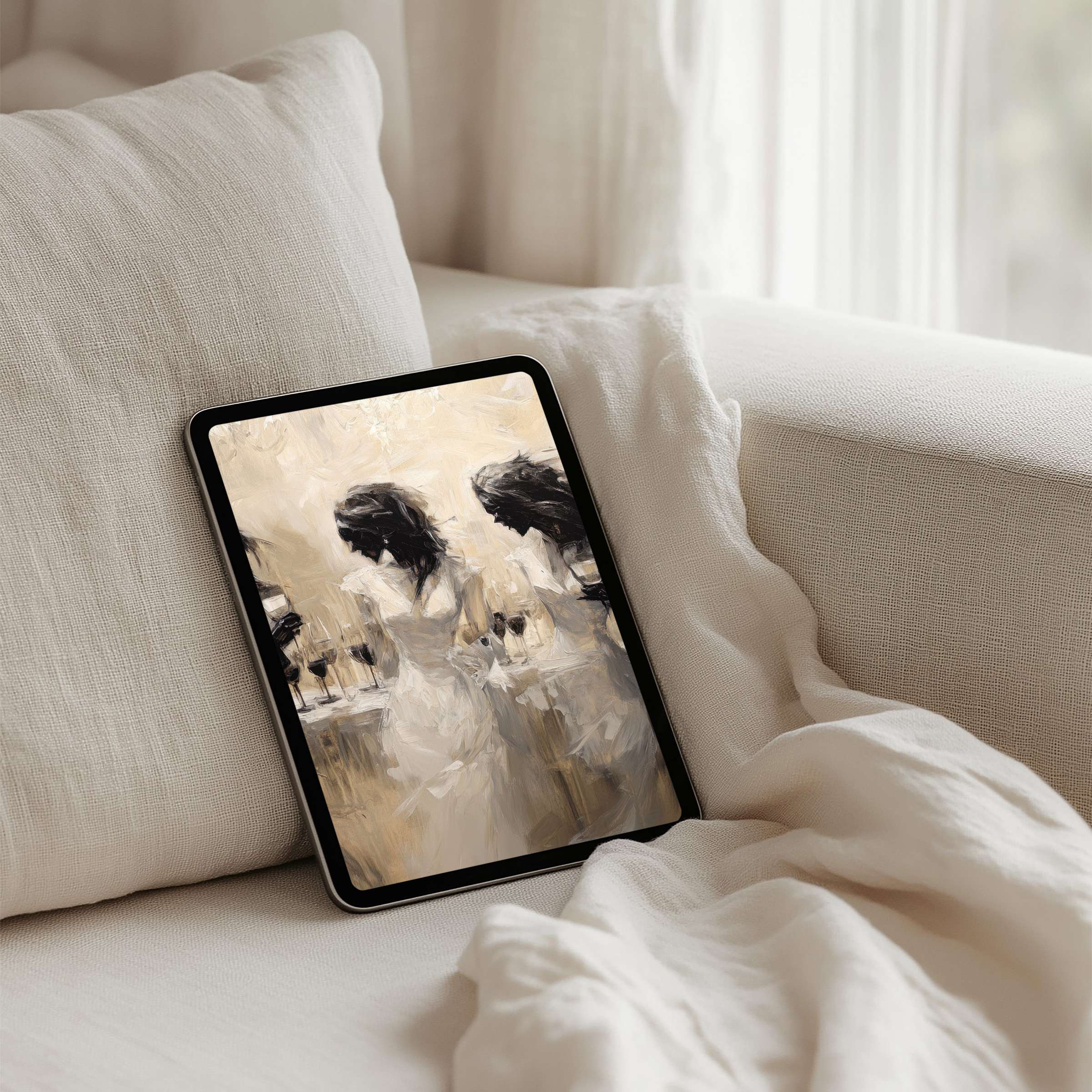 Elegant abstract painting on iPad background offers instant download for tablets, enhancing calm and inspiration in modern spaces