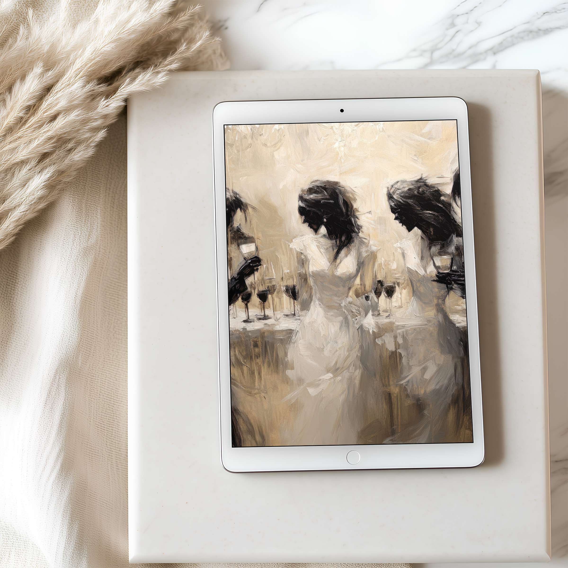 Elegant tablet wallpaper featuring soft brushstrokes and muted tones, perfect for iPad or digital download, enhancing calm spaces