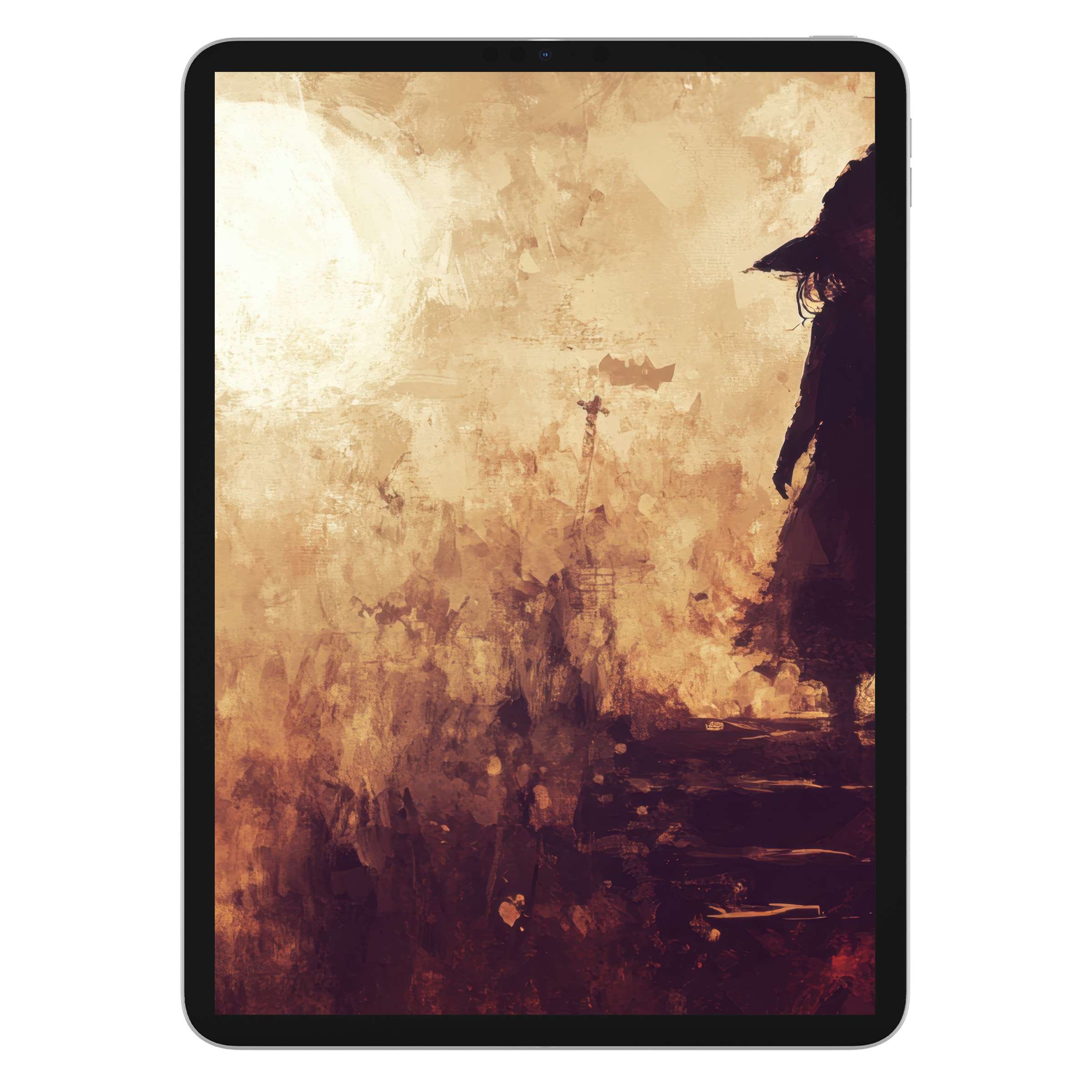 Elegant halloween iPad wallpaper in warm earthy tones with an abstract witch motif, ideal as digital download for tablet background