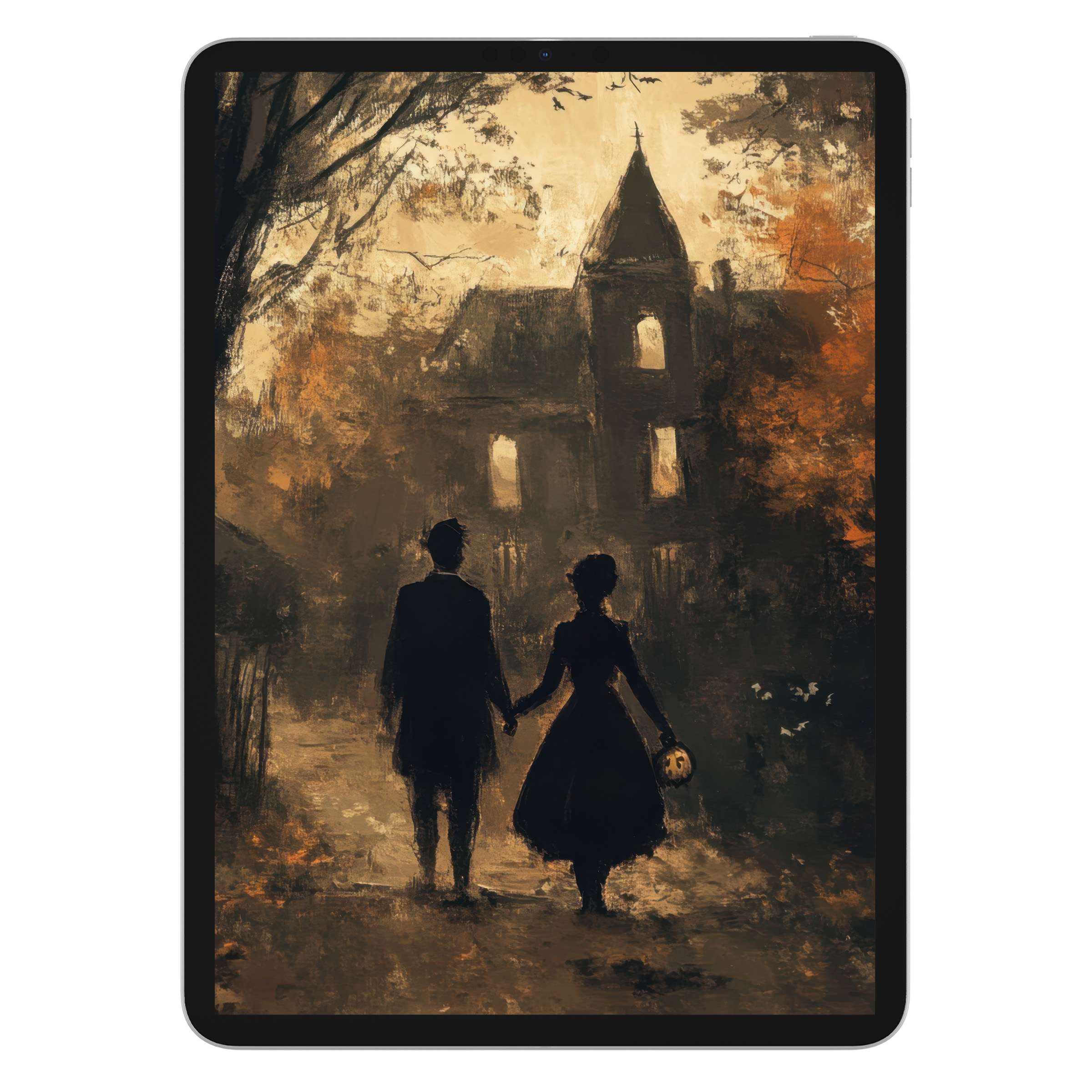 Halloween iPad wallpaper art with a couple walking to a spooky house, ideal tablet background for serene, digital download ambiance