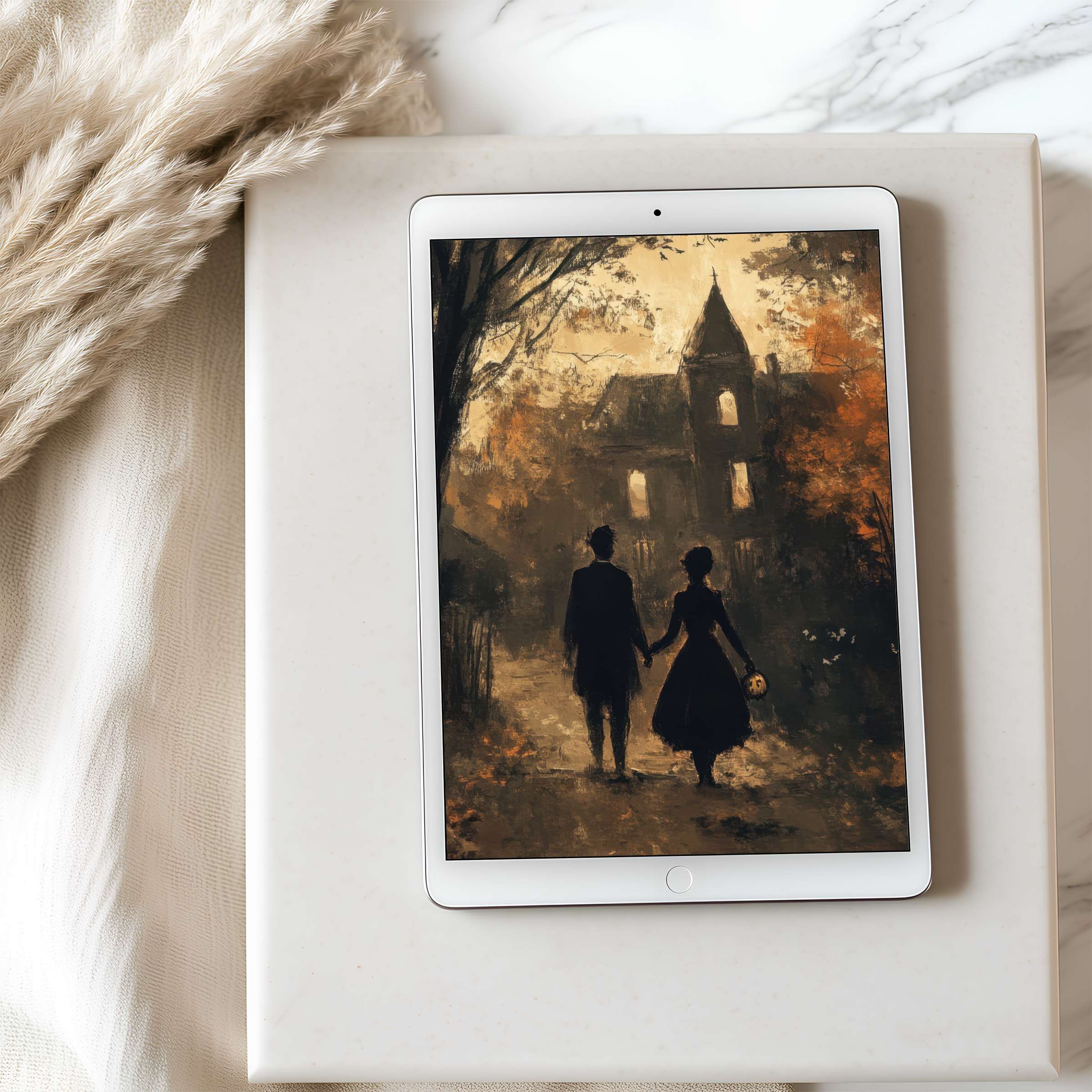 Romantic silhouette art as tablet wallpaper on an iPad inspires serenity with warm autumn hues, ideal for digital download and elegant decor