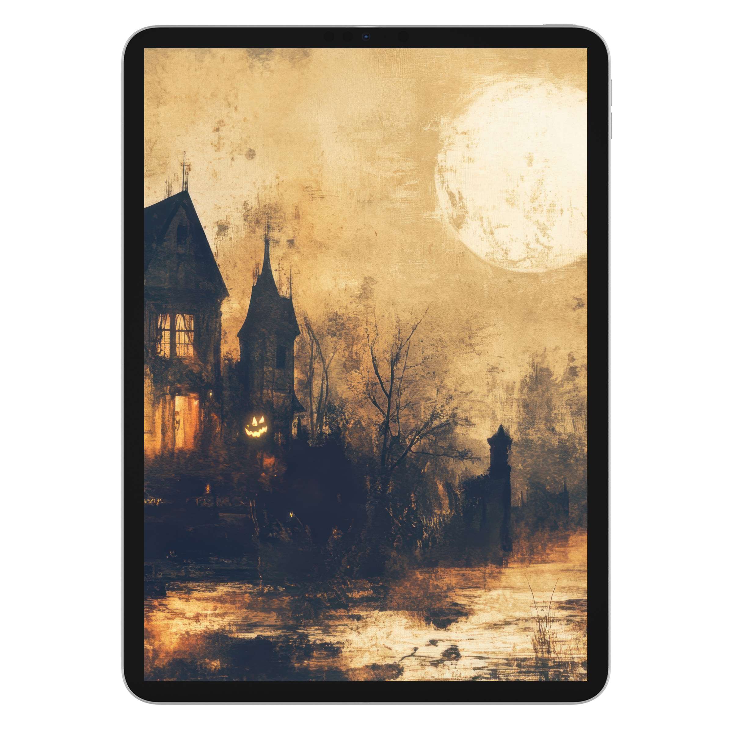 Ethereal halloween iPad wallpaper captures a haunting moonlit landscape, perfect digital download for tablet background enthusiasts seeking serenity