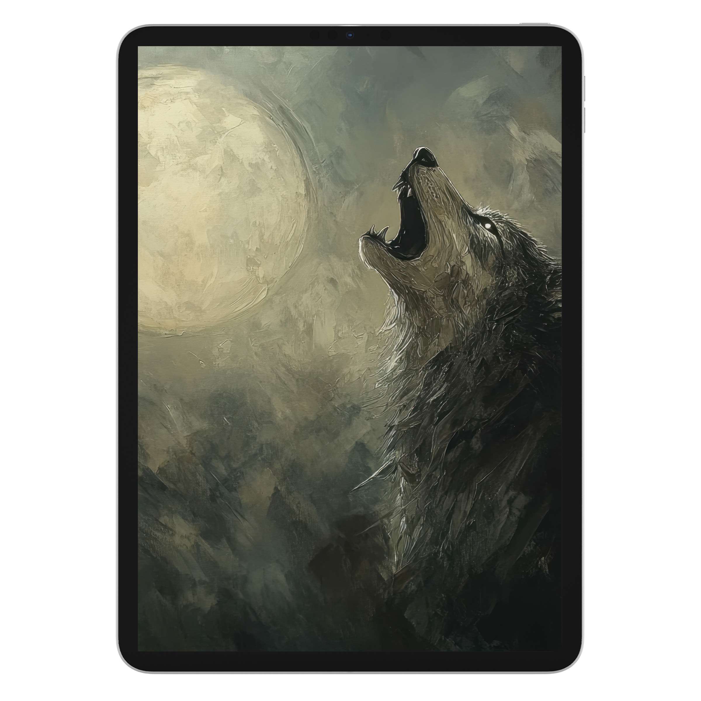 Ethereal Halloween iPad wallpaper featuring a howling wolf under a luminous moon, perfect digital download for tablet background aesthetics