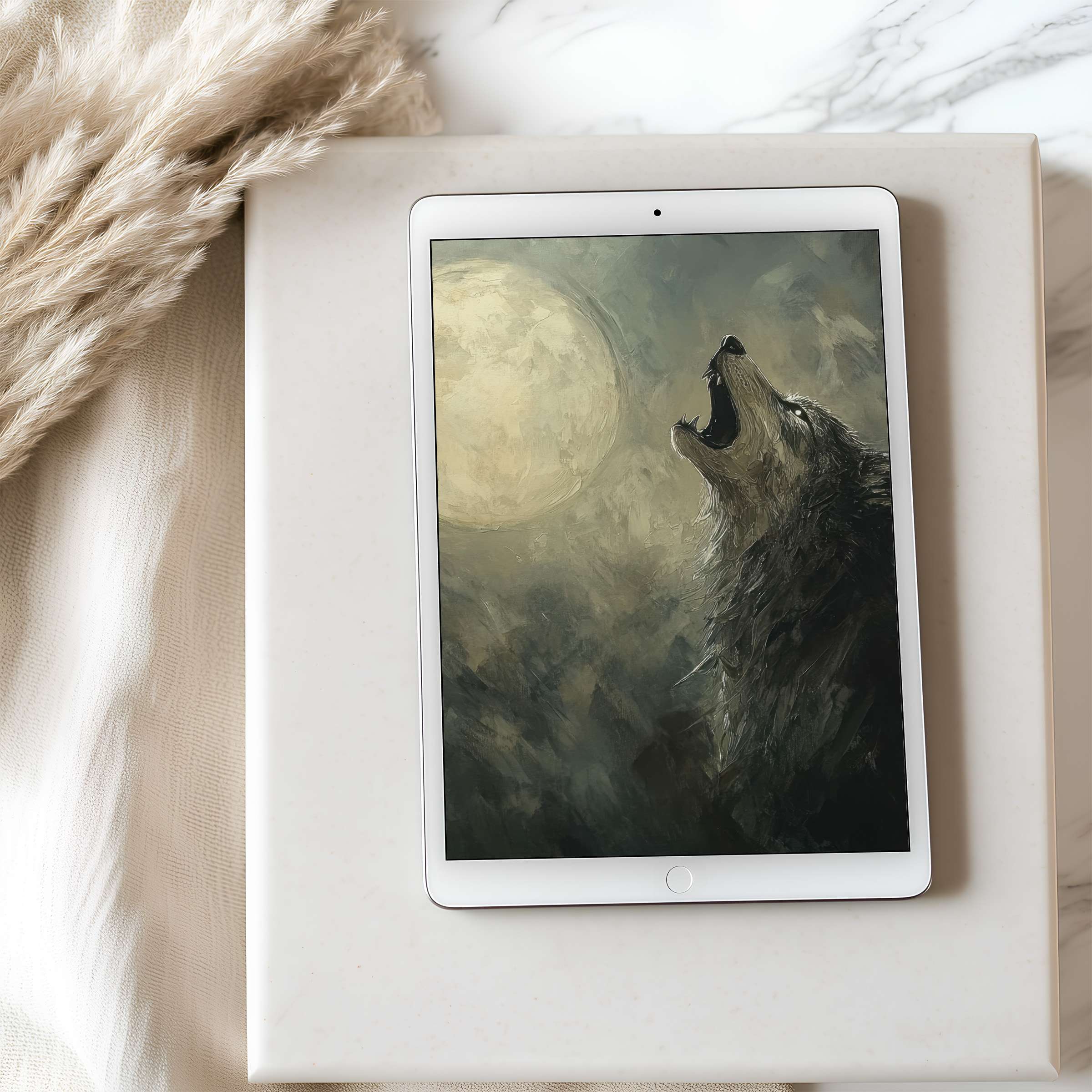 Elegant tablet wallpaper featuring a howling wolf under a luminous moon in soft, muted tones perfect for high-resolution iPad display