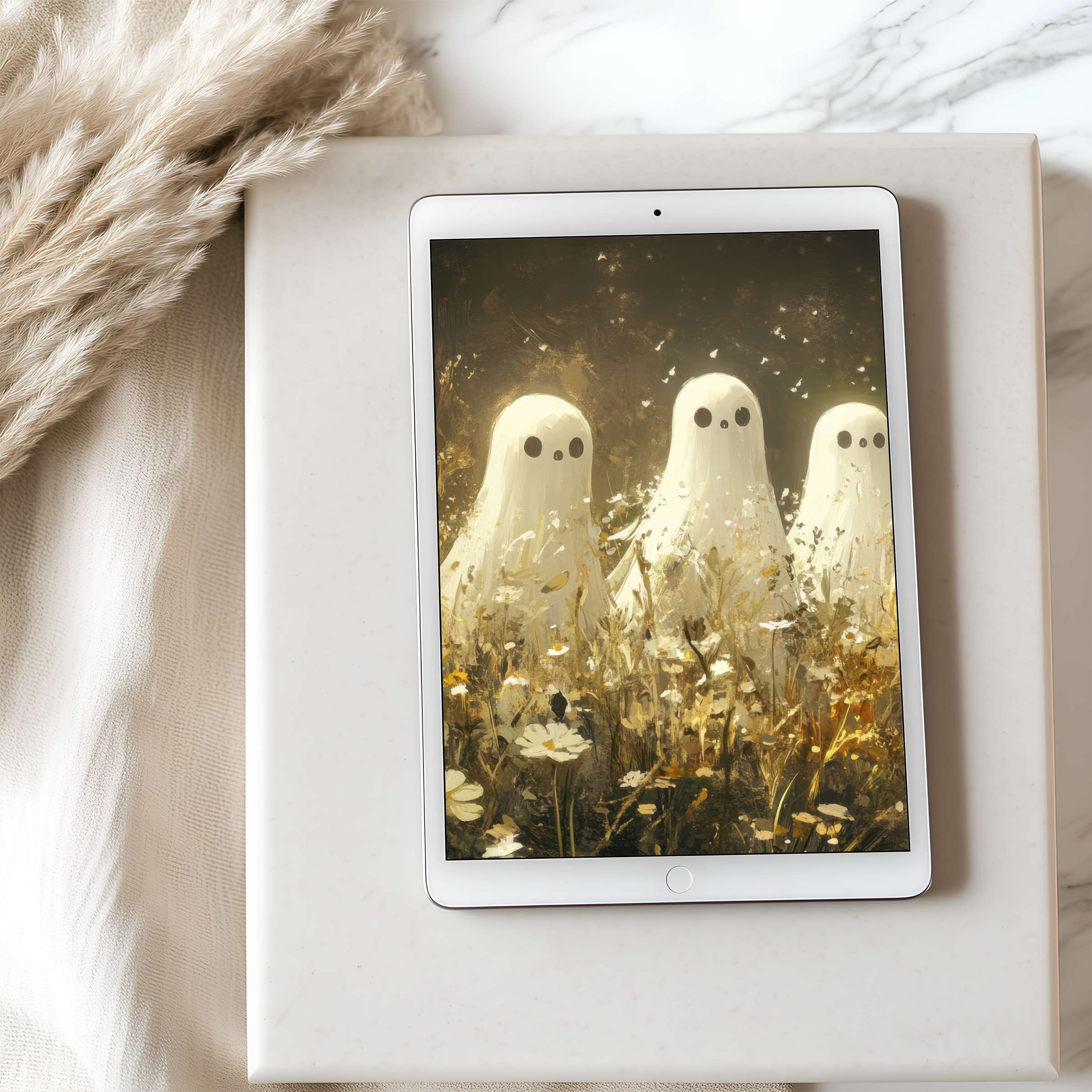 Elegant tablet wallpaper featuring ethereal ghosts in muted gold and cream tones ideal for iPad and Android tablets digital download
