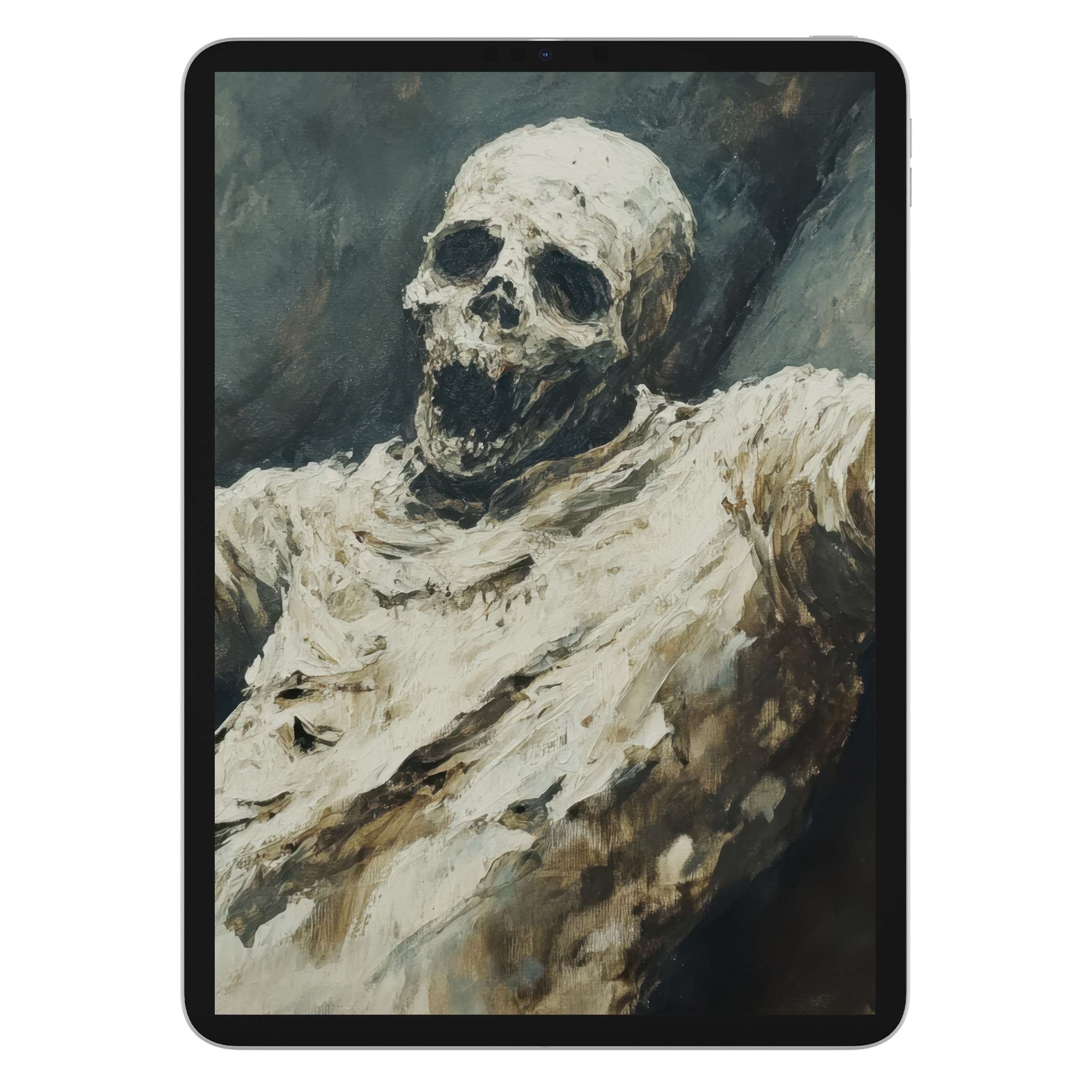 Eerie Halloween iPad wallpaper with a ghostly textured skeleton on a dark abstract background perfect for Samsung and Android tablets digital download