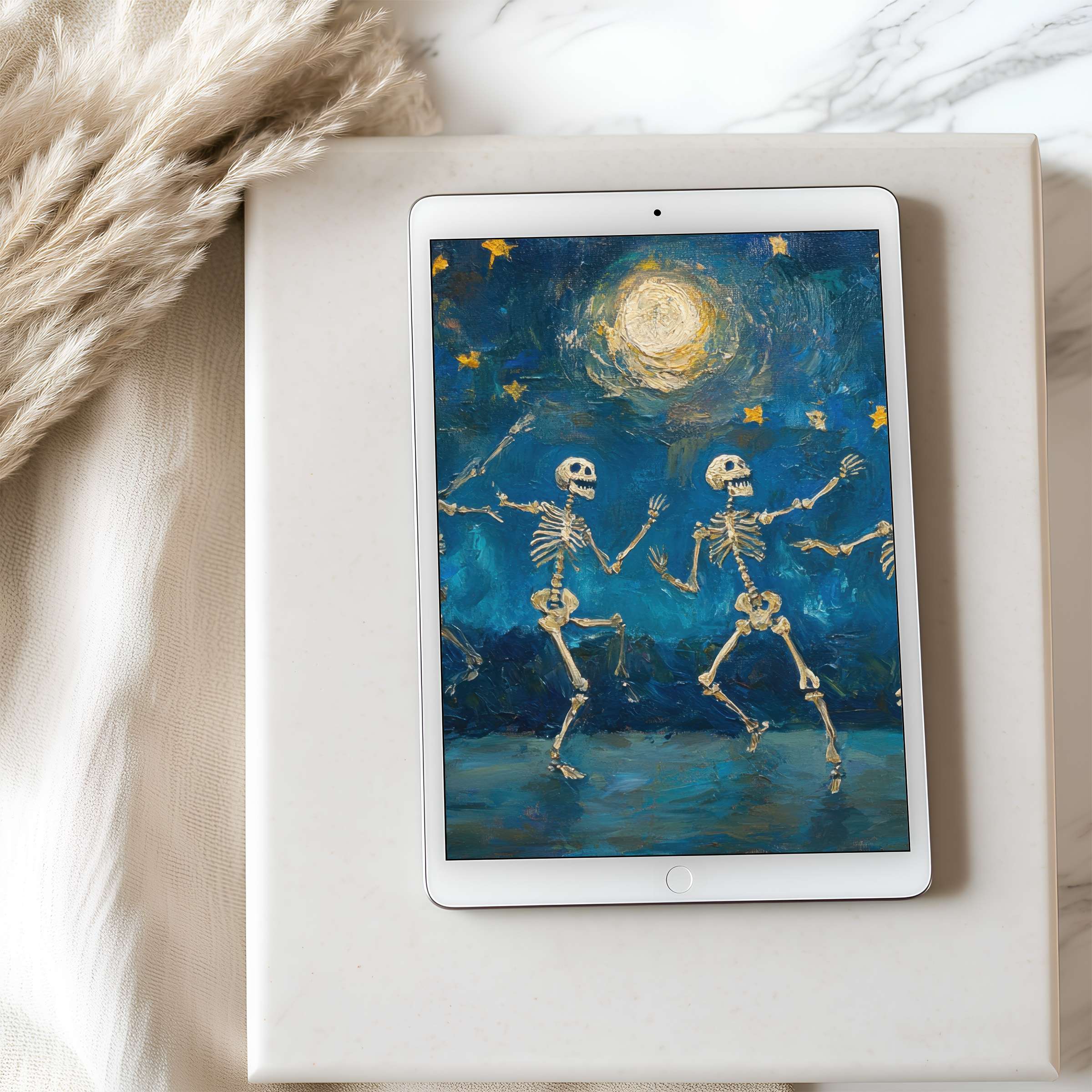Elegant skeleton dance in moonlit blues, perfect tablet wallpaper for iPad or Android, a curated high resolution digital download