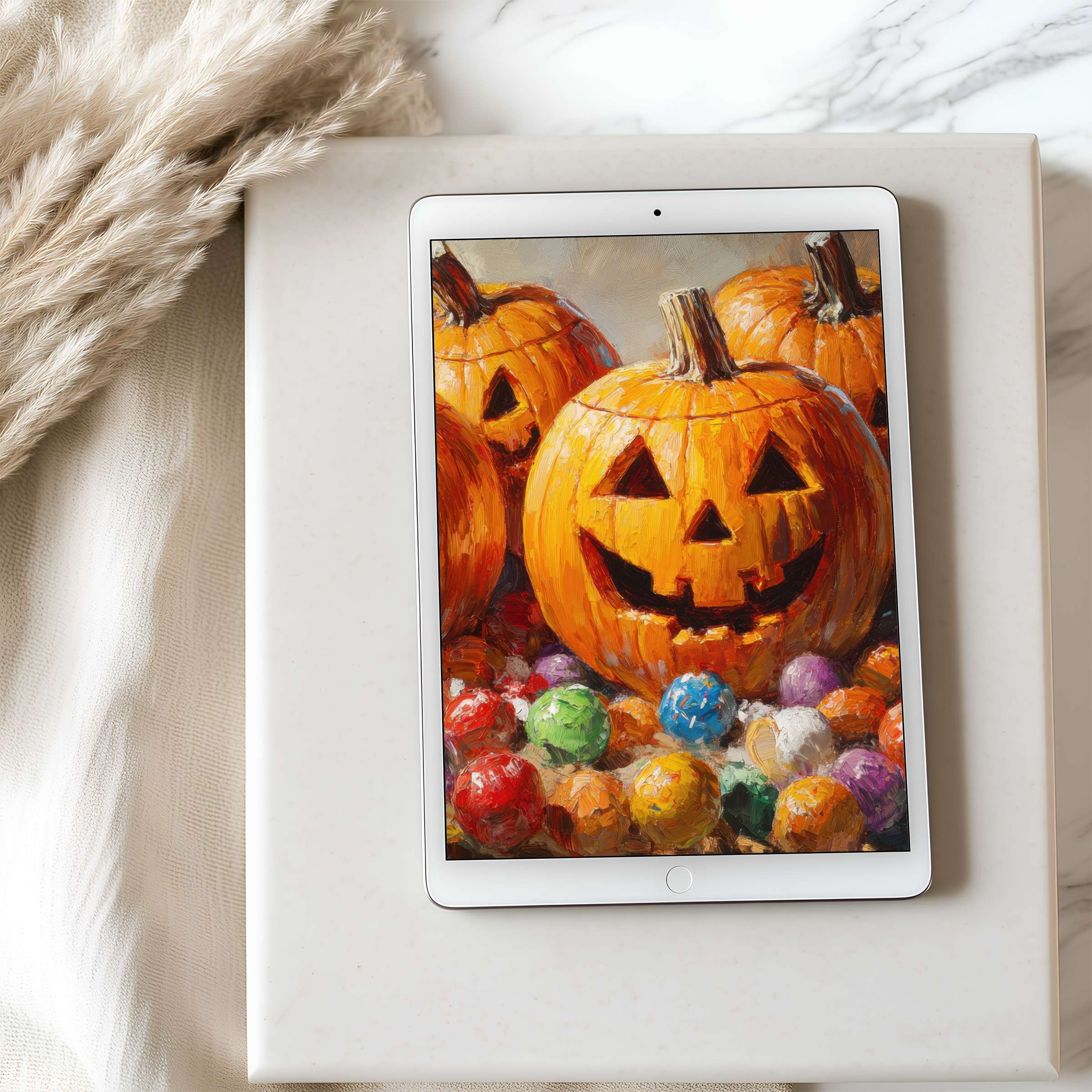 Vibrant pumpkin and candy digital art enhances your device as an elegant tablet wallpaper suitable for iPad and Android tablets