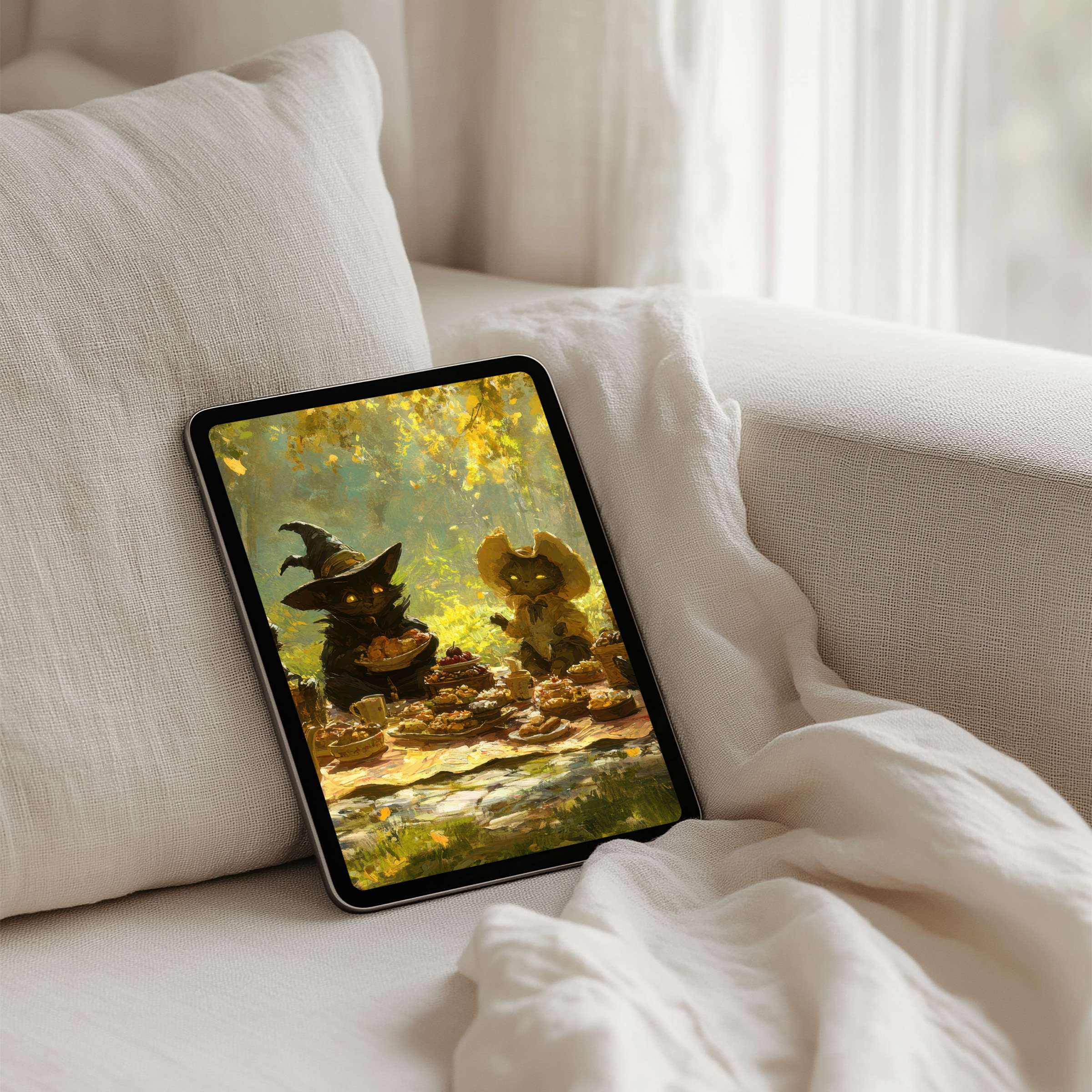 Enchanting iPad background with whimsical art of woodland creatures, perfect for a calming, mindful tablet experience, instant download