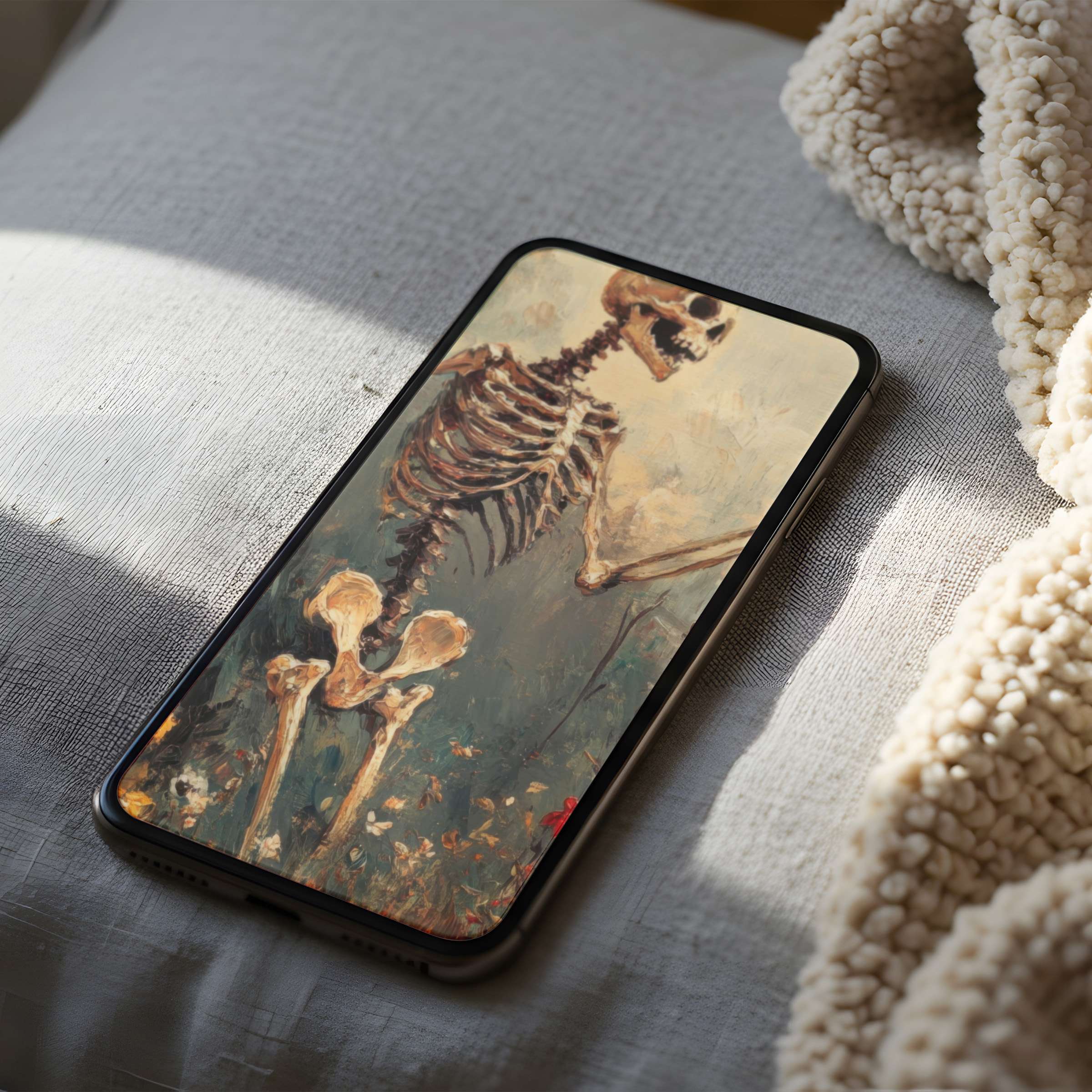 Elegant skeleton art phone wallpaper in high resolution brings serene beauty to iPhone and Android, perfect for digital download