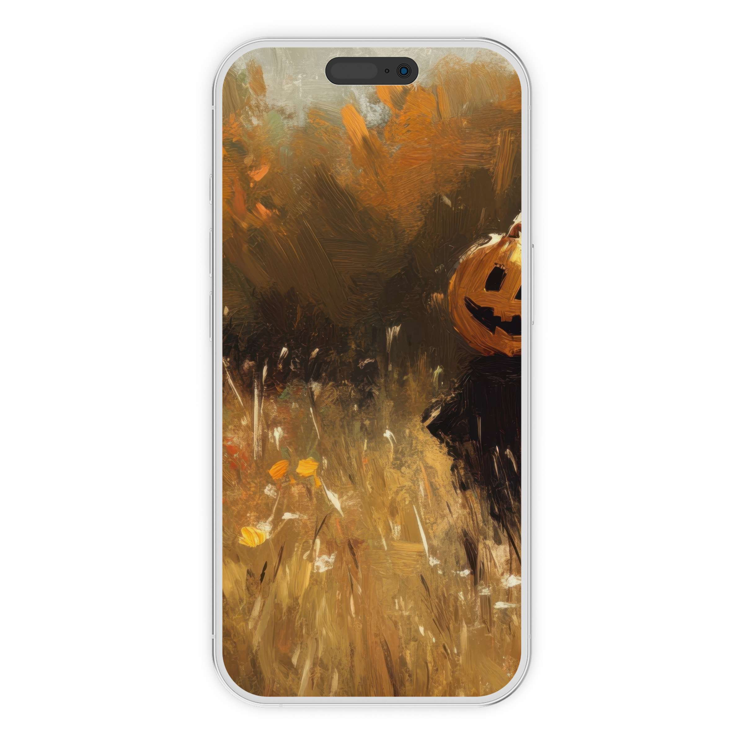 Halloween iPhone wallpaper featuring a rustic autumn scene with a pumpkin head in brushstrokes perfect phone background digital download