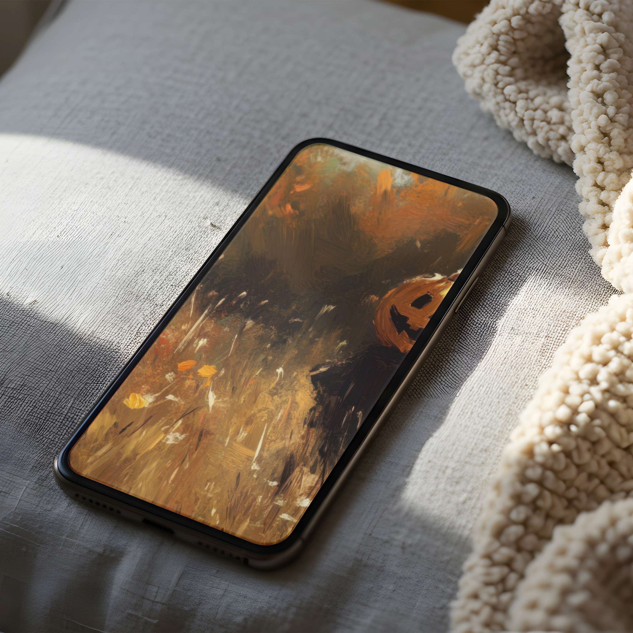 Elegant high resolution phone wallpaper featuring warm autumnal brushstrokes and jack-o'-lantern motif, perfect for iPhone and Android download