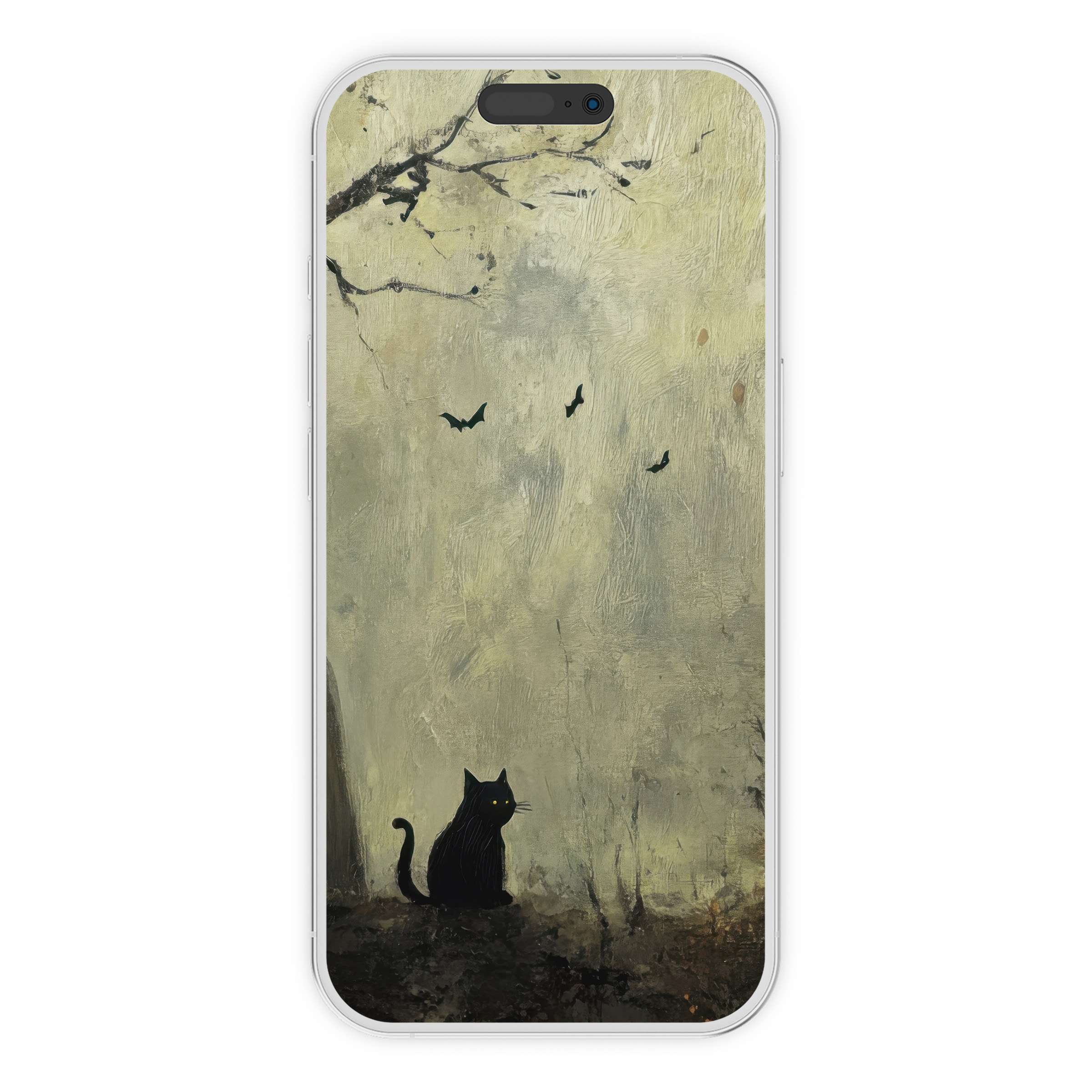 Elegant halloween iPhone wallpaper featuring a serene black cat and bats in a misty forest background for phone digital download